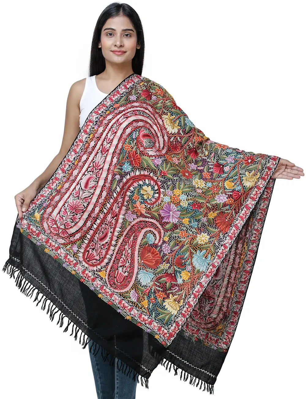 Bristol-Black Aari Woolen Stole from Kashmir with Heavily Hand-Embroidered Paisleys and Flowers
