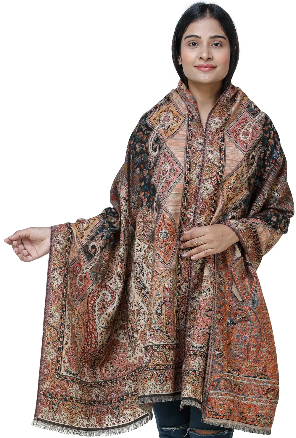 Authentic Woolen Jamawar Stole with Woven Paisleys and Floral Motifs | Expertly Crafted in Amritsar