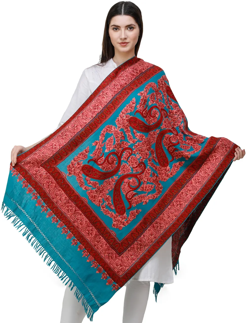 Caribbean-Blue Traditional Woolen Stole from Kashmir with Hand-Embroidered Paisleys and Flowers