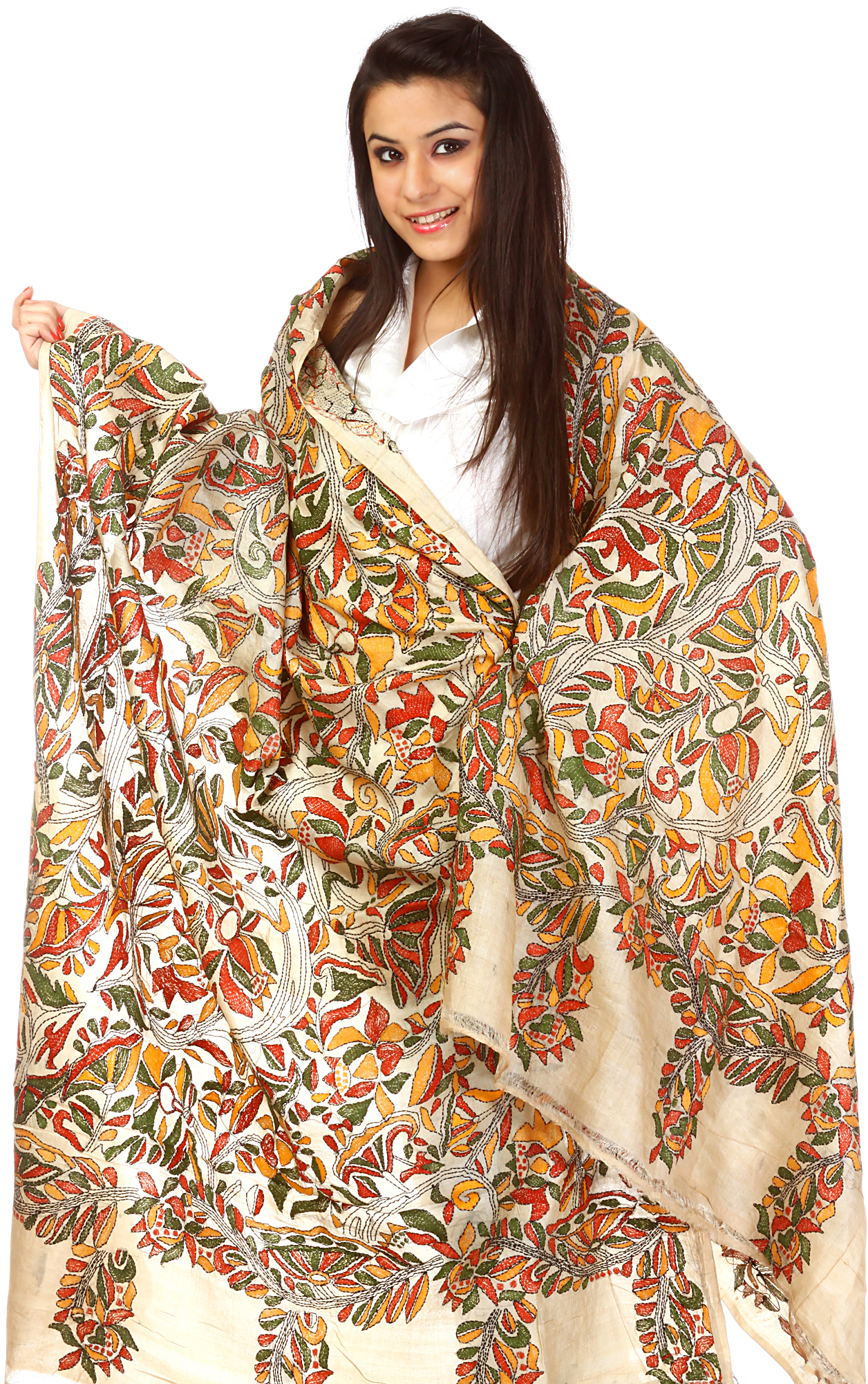 BiscottiColor Kantha Shawl with Hand Embroidered Flowers AllOver Exotic India Art