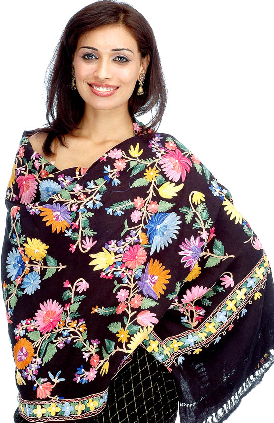 Black Kashmiri Stole with Floral Aari Embroidery | Exotic India Art