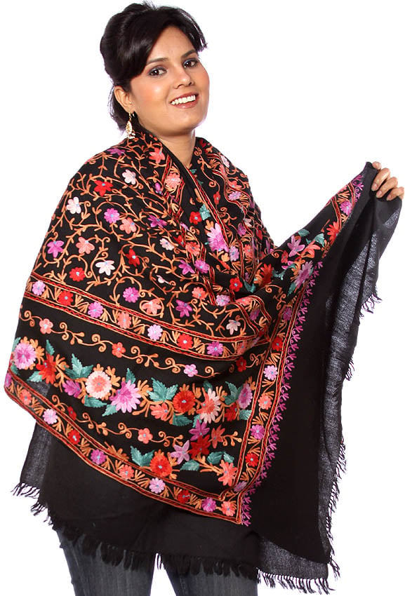 Black Stole from Kashmir with Multi-Color Crewel Embroidery | Exotic ...
