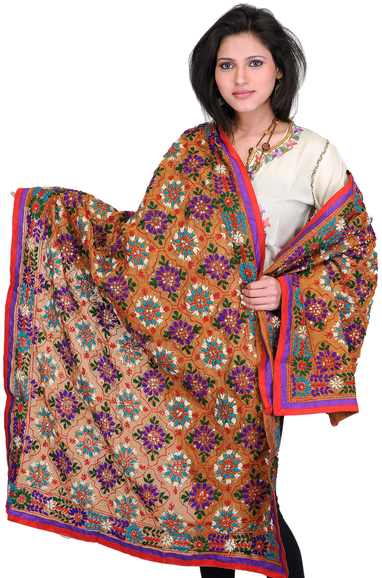 CashewBrown Phulkari Dupatta from Punjab with Threadwork and Sequins