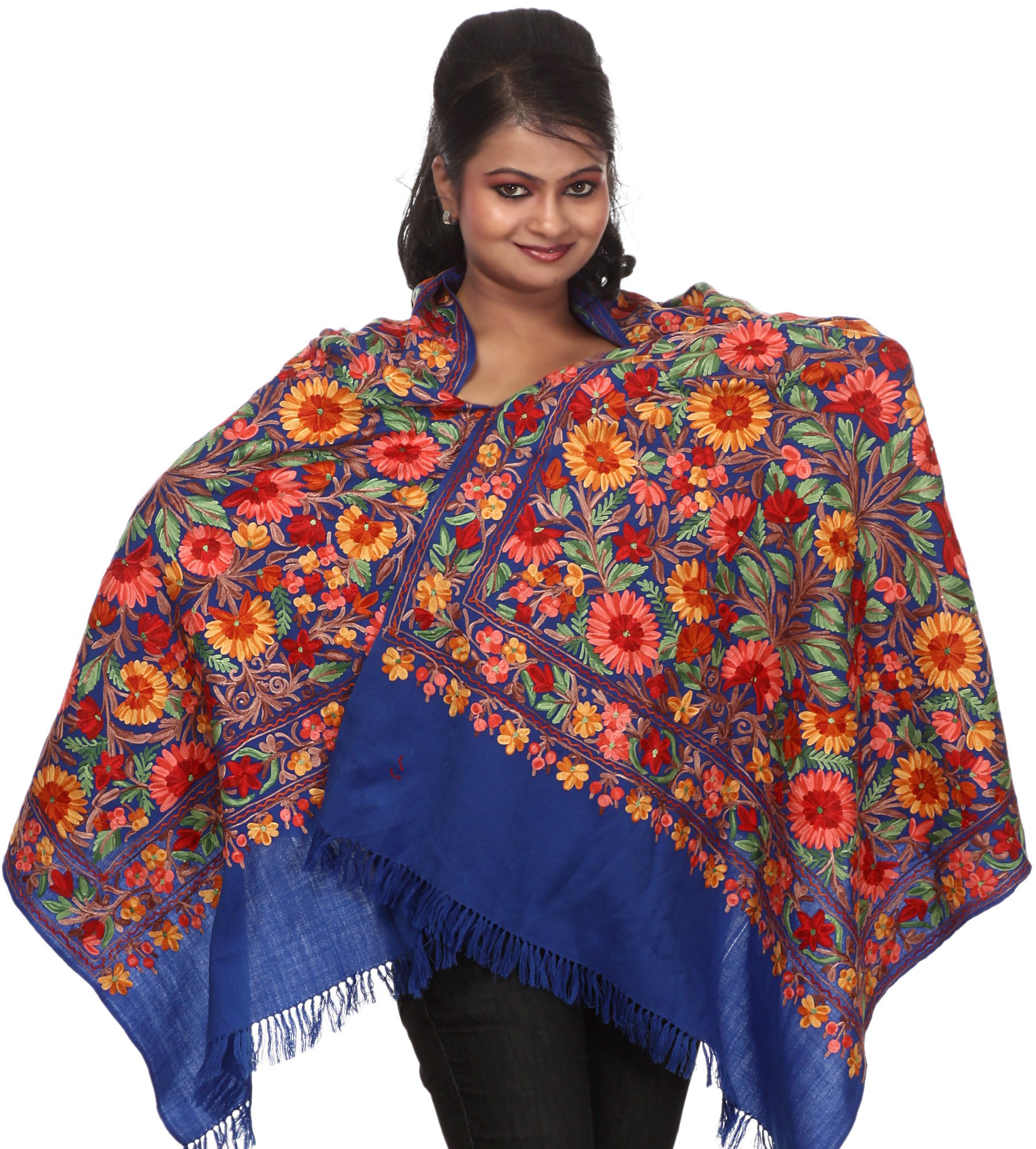 Dazzling-Blue Phulkari Kashmiri Stole with Ari Embroidered Flowers All-Over