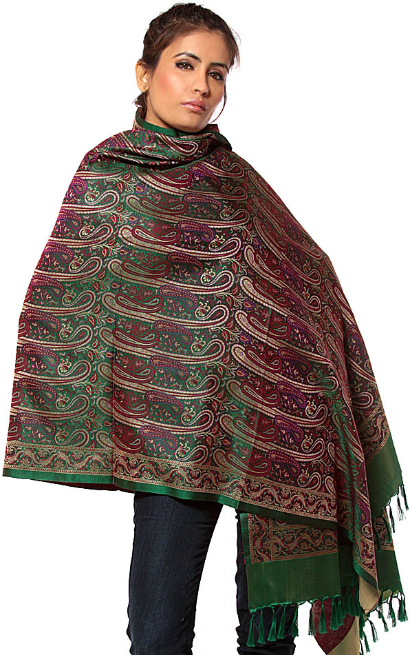 Islamic-Green Stylized Paisley Banarasi Shawl with All-Over Weave ...