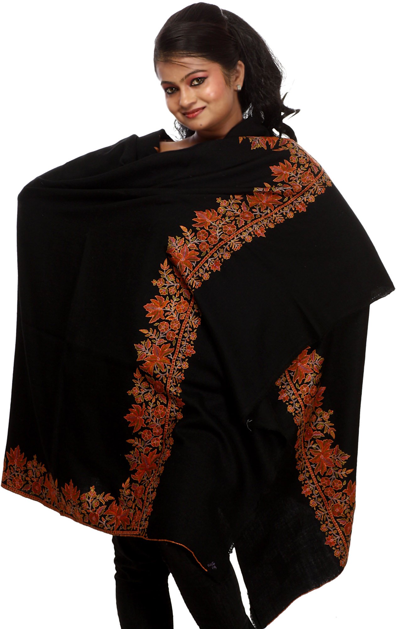 Jet Black Plain Pure Pashmina Shawl with Hand Embroidered Chinar Leaves