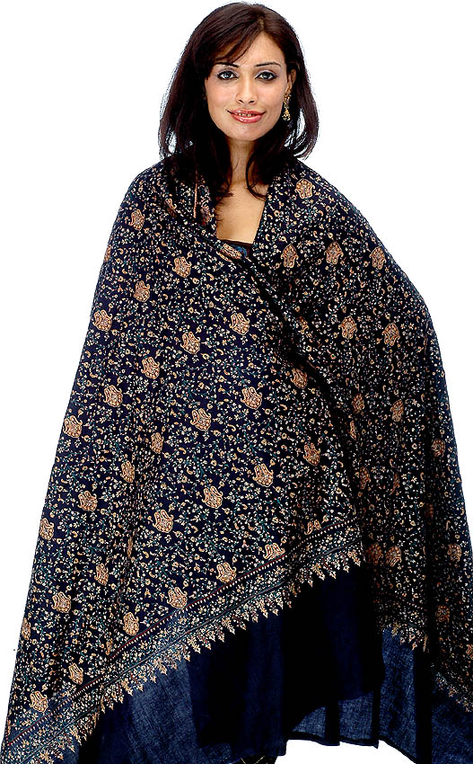 Midnight-Blue Pure Pashmina Shawl with All-Over Dense Kashmiri Embroidery  by Hand