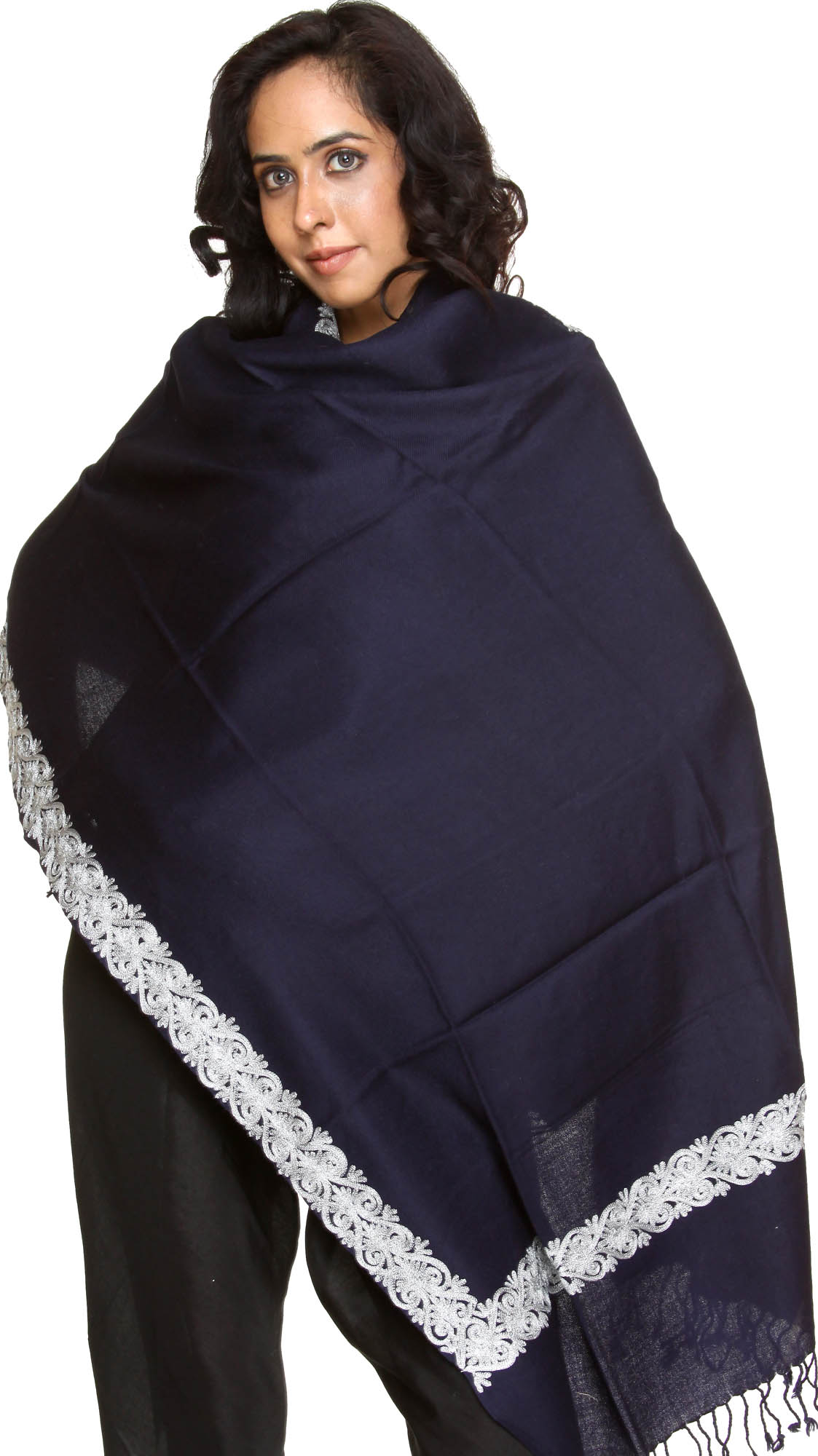 MidnightBlue Stole with MetallicSilver Embroidery on Border Exotic India Art