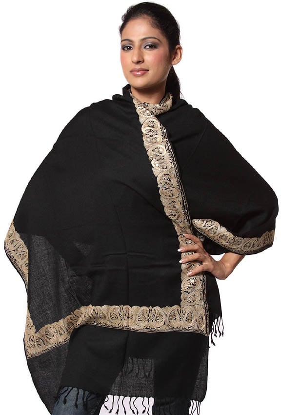 Plain Black Stole with Embroidered Border in Golden Thread and Sequins ...