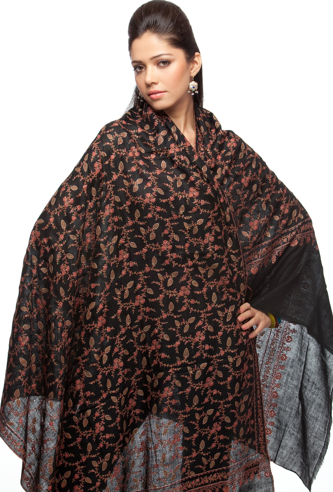 Black Pure Pashmina Shawl with Intricate Kashmiri Sozni Embroidery by Hand  All-Over | Exotic India Art