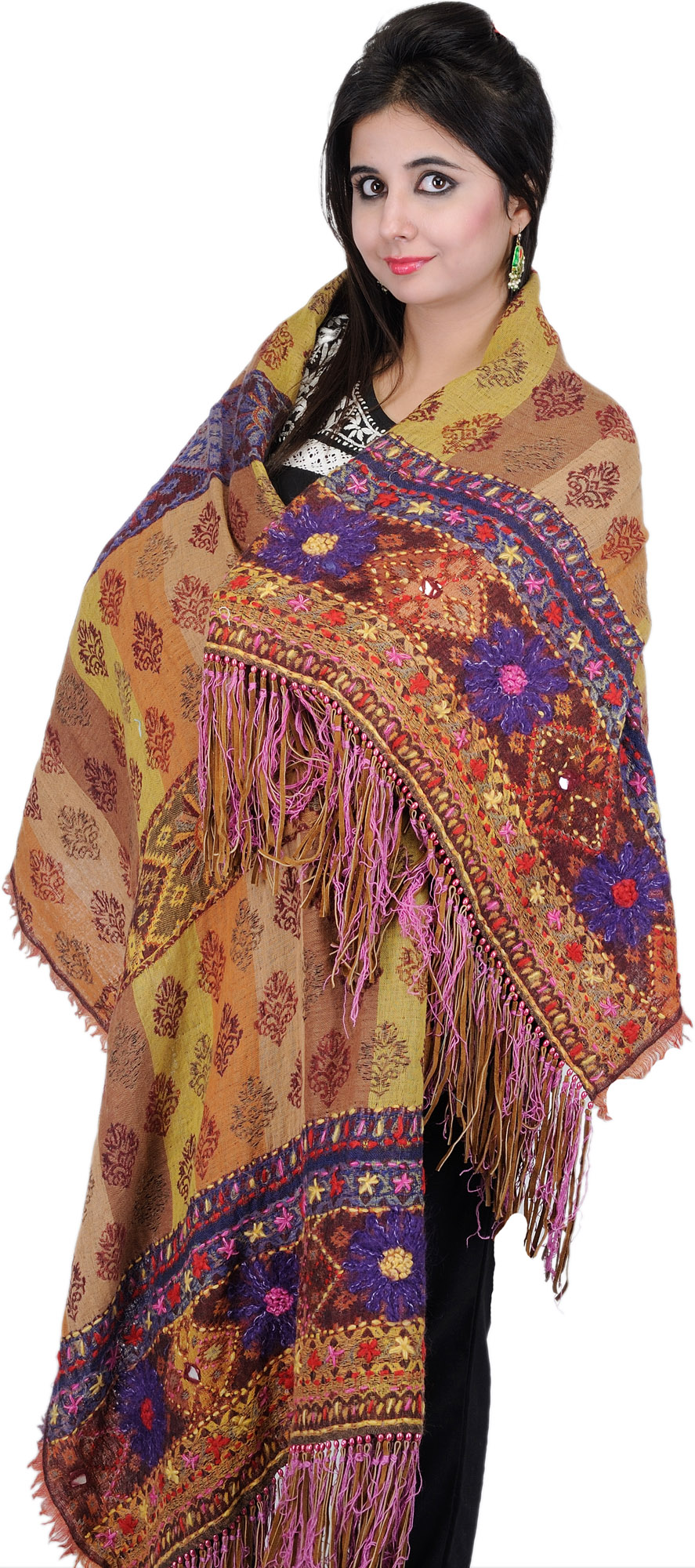 Beige and Lime Reversible Jamawar Stole with Floral Embroidery | Exotic ...