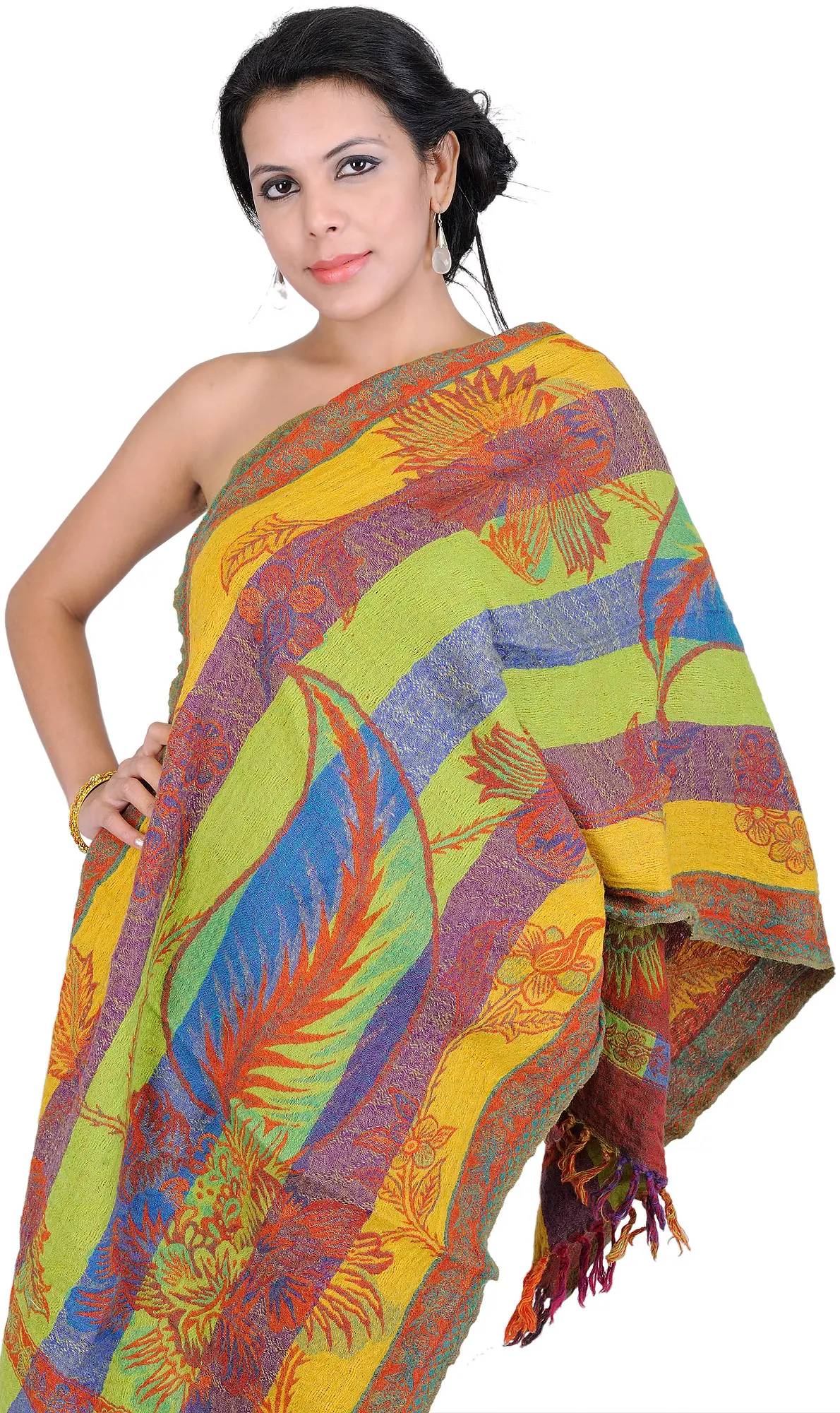 Tri-color Boiled-Wool Stole with All-Over Weave