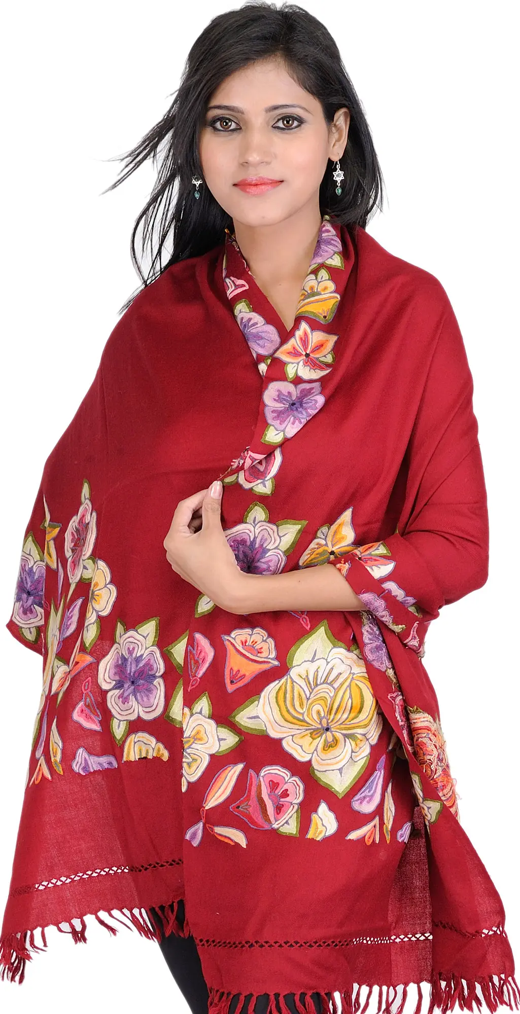 Maroon Designer Stole from Kashmir with Hand-Embroidered Flowers