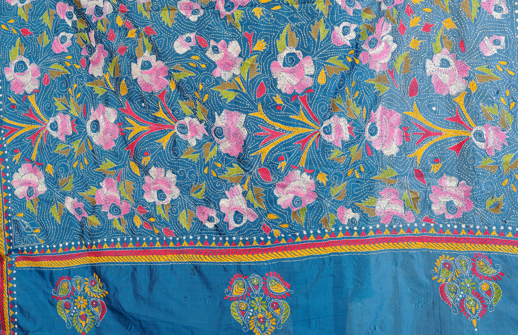 Provincial-Blue Dupatta from Kolkata with Kantha Stitch Embroidered ...