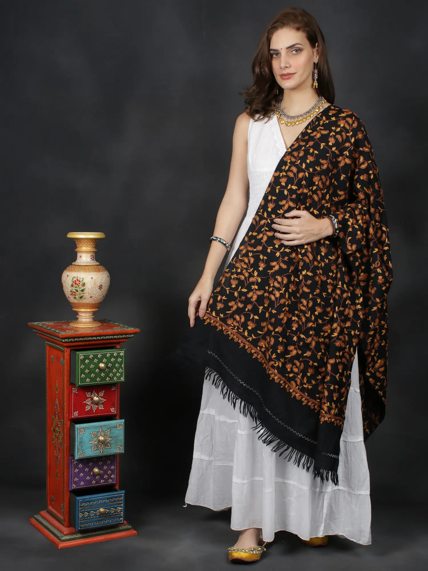Woolen Stole from Kashmir with Aari Embroidered Paisley Jaal by Hand