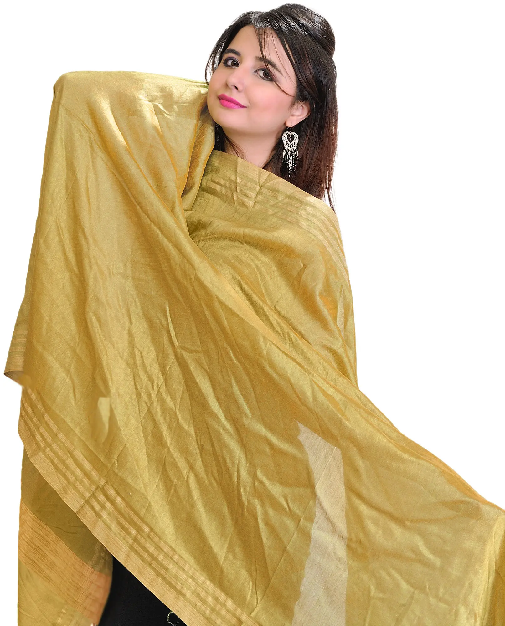 Plain Dupatta from Jharkhand with Woven Stripes on Border