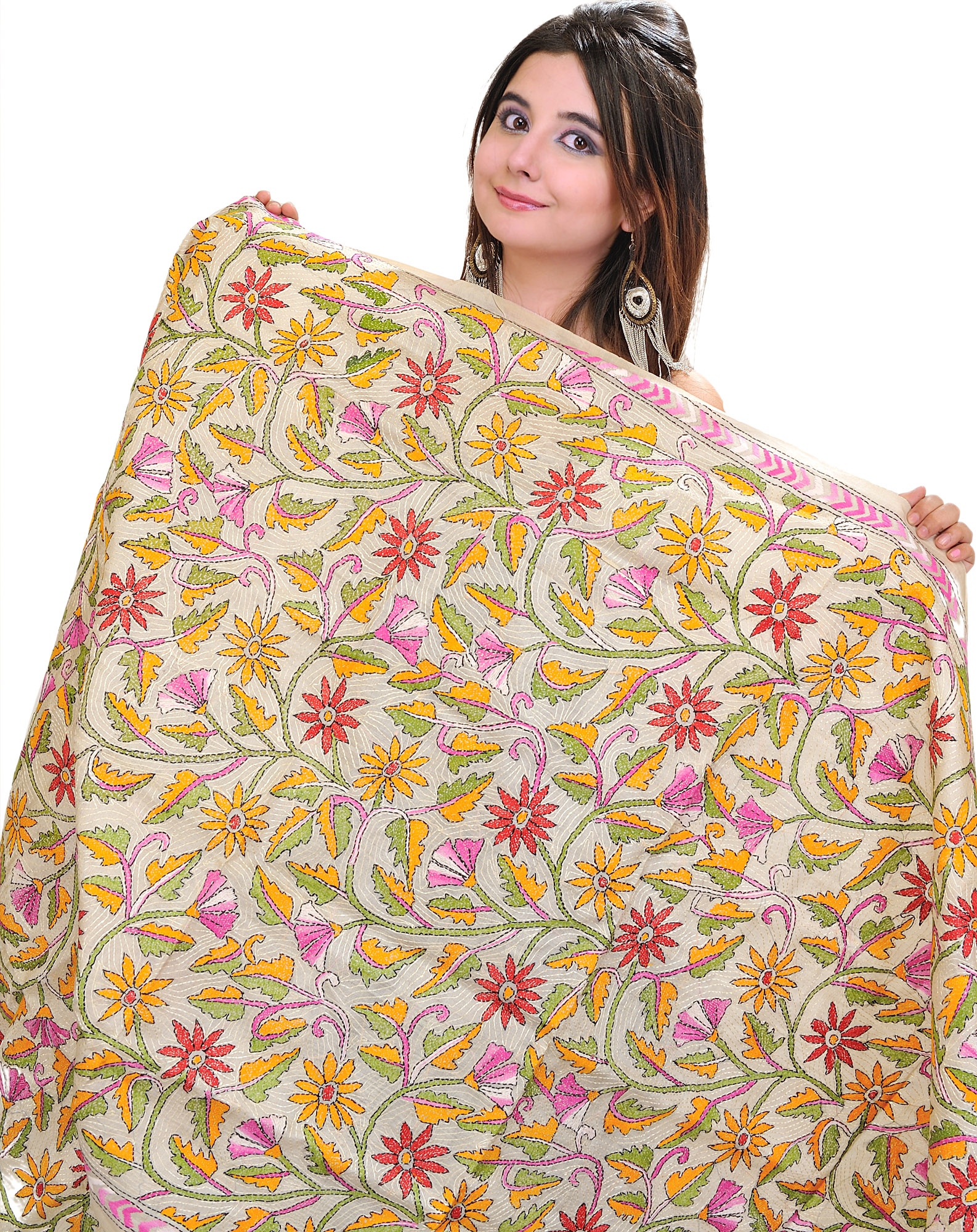 Beige Kantha Dupatta from Kolkata with Floral Embroidery by Hand