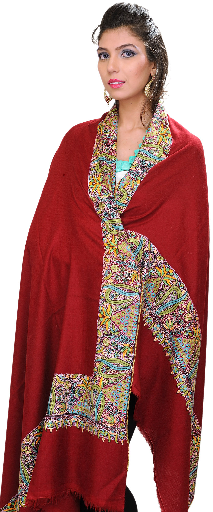 Burnt-Red Plain Kashmiri Shawl with Hand Embroidered Flowers on Border ...