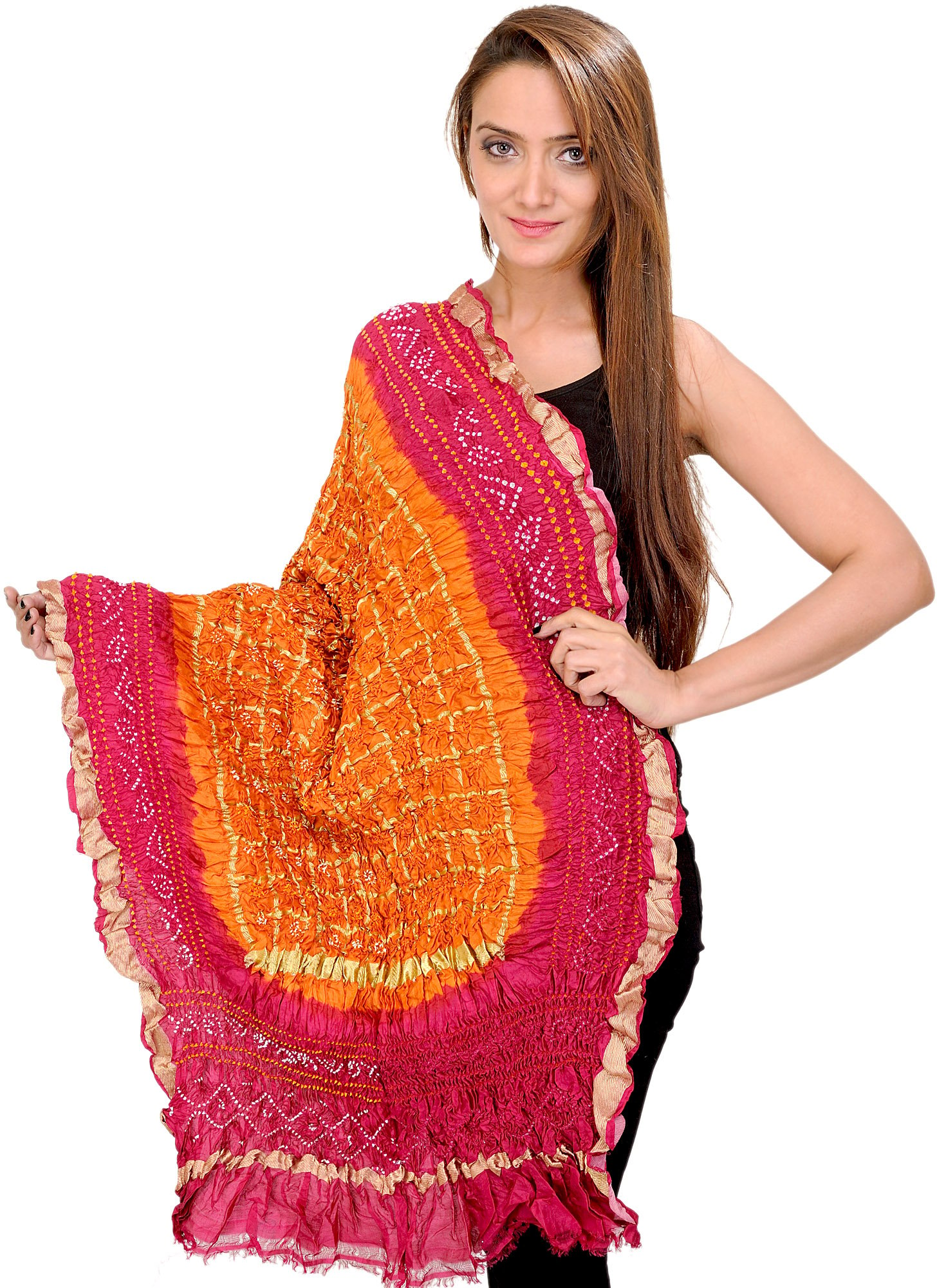 Exotic India Bandhani Tie-Dye Gharchola Dupatta from Jodhpur with Golden Thread Weave 