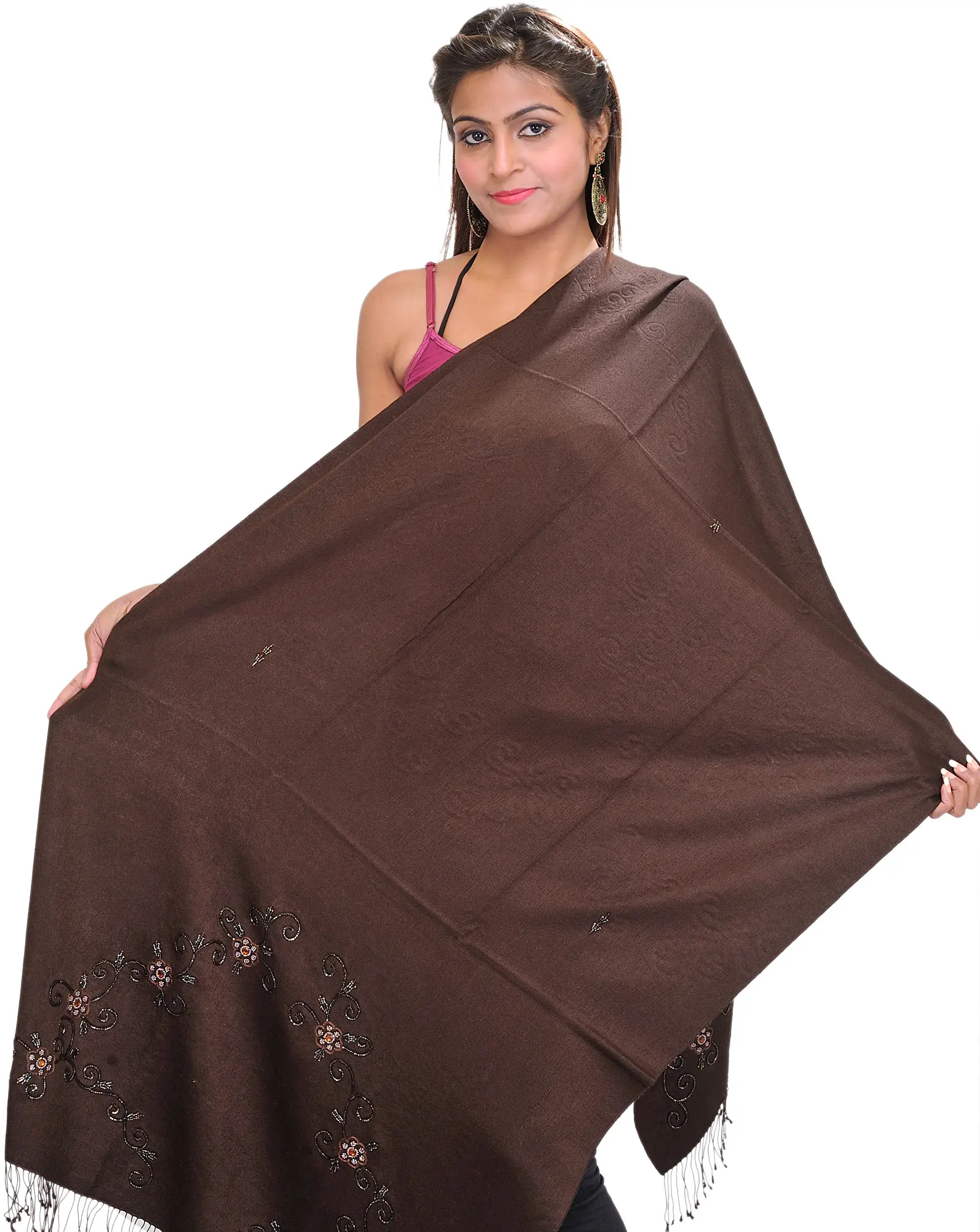 Chocolate-Brown Plain Handloom Cashmere Stole from Nepal with Embroidered Beads