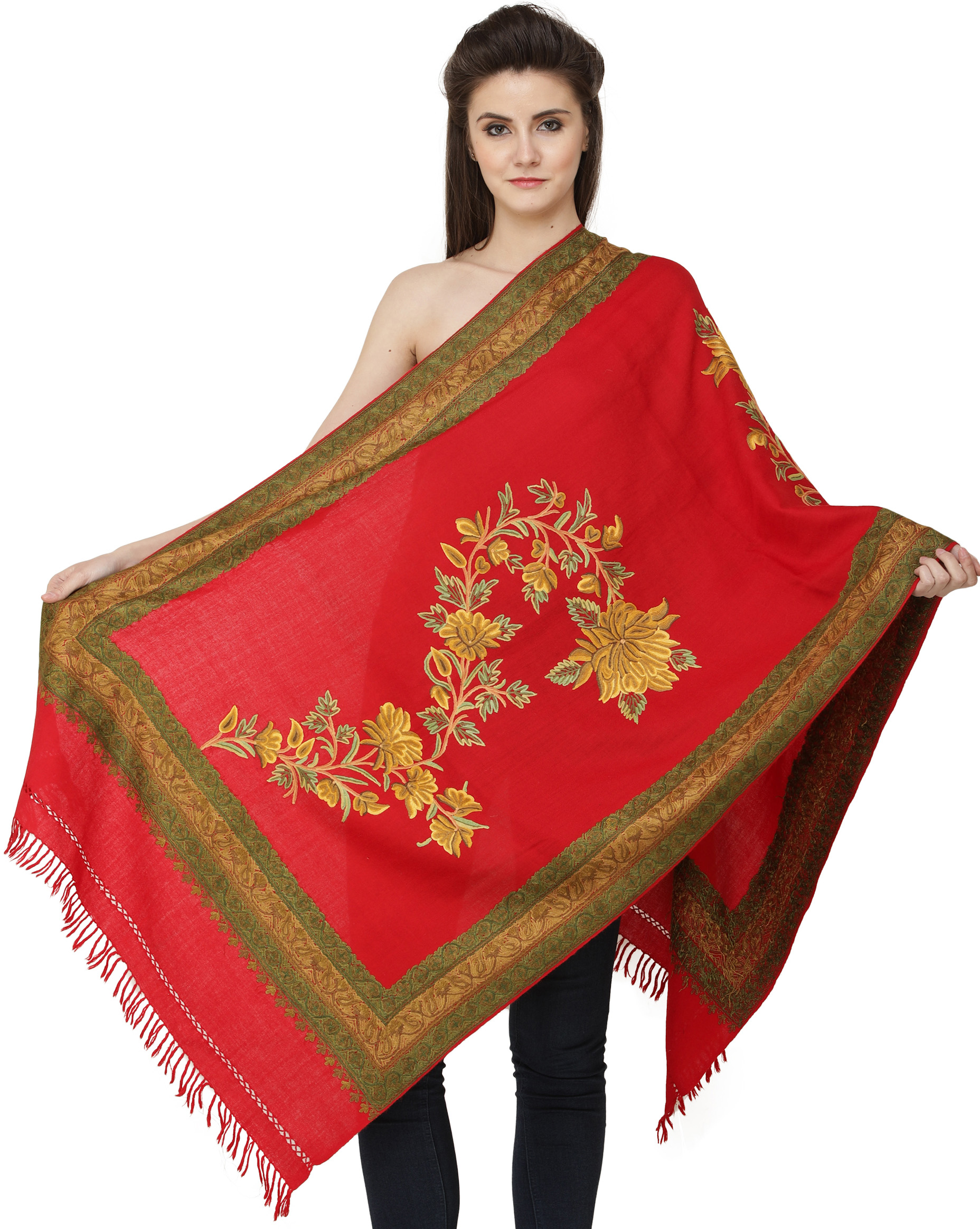 Stole from Kashmir with Aari Hand-Embroidered Flowers and Border ...