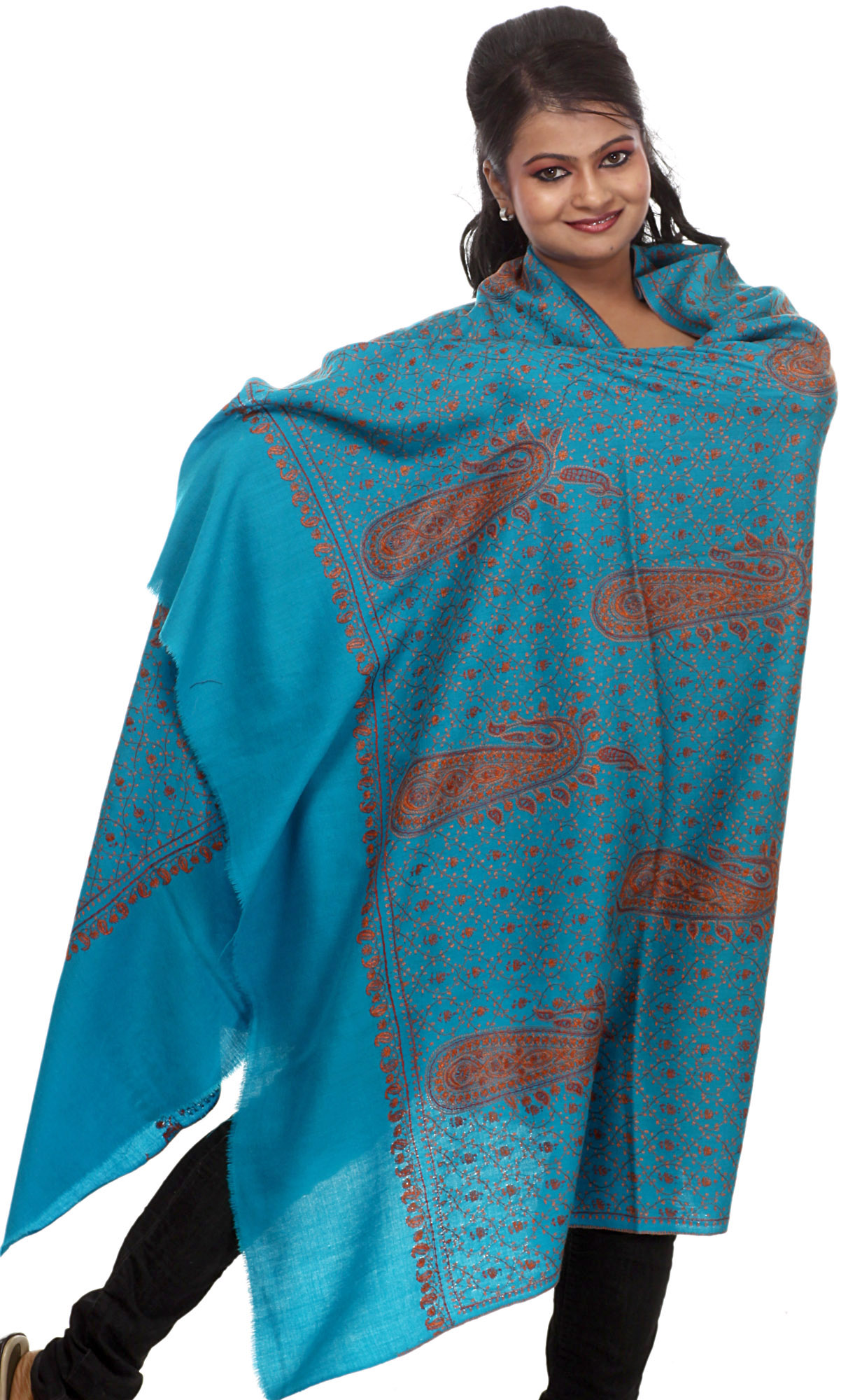 VividBlue Kashmiri Tusha Shawl with Jafreen Jaal Embroidery by Hand