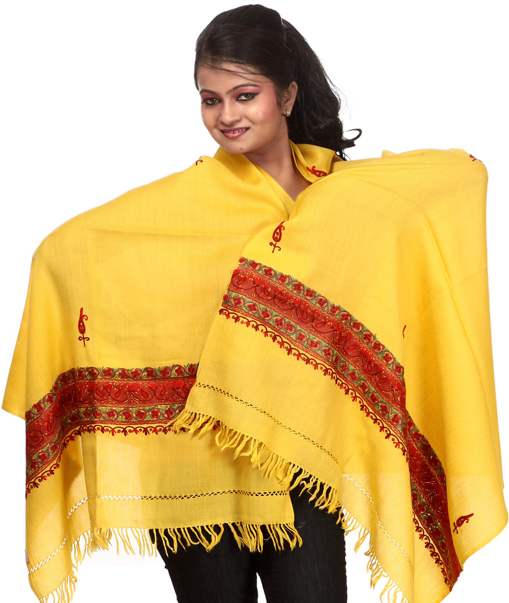 Yellow Kashmiri Stole with Hand Embroidered Paisleys on Border | Exotic ...