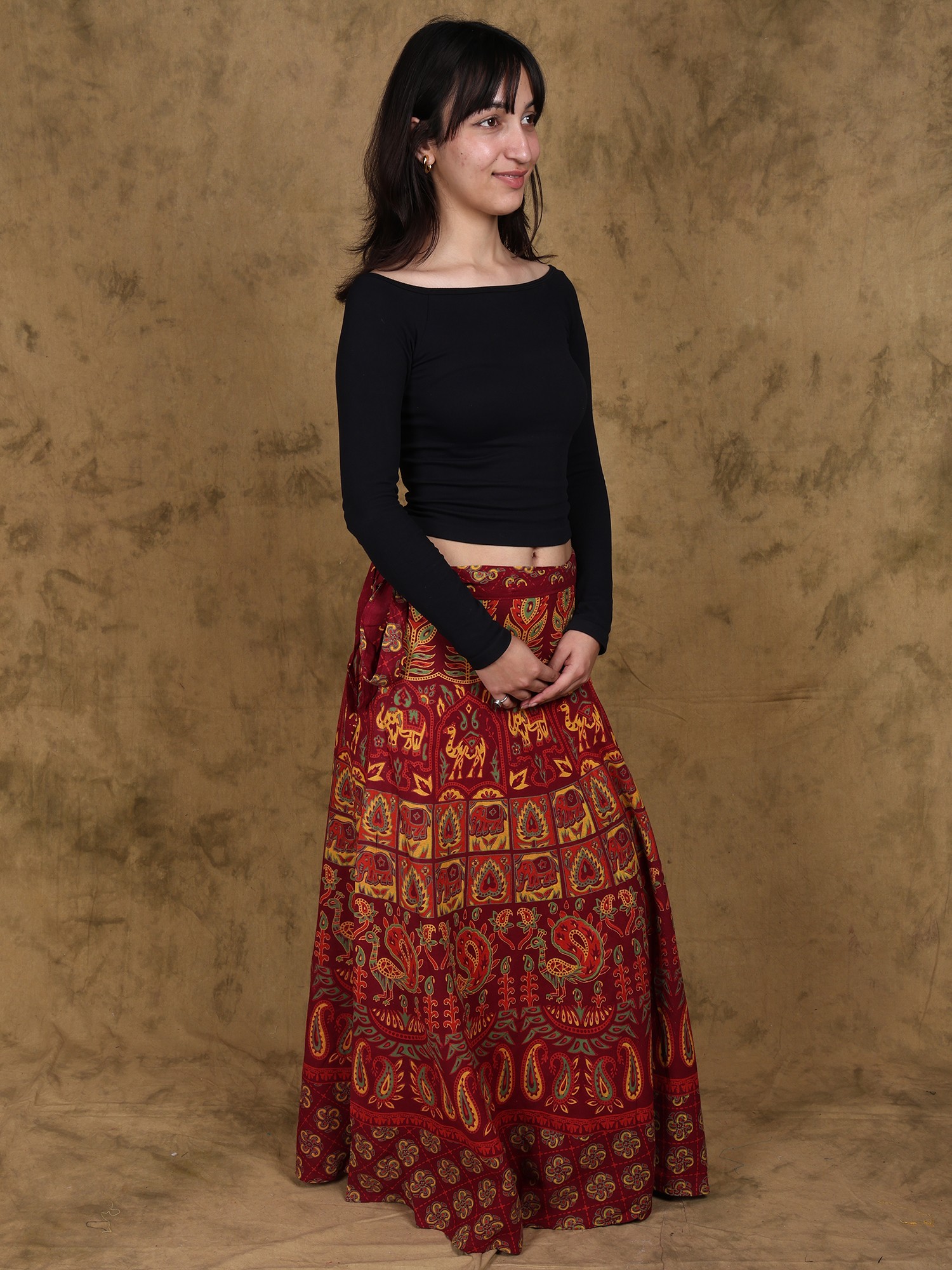 Sanganeri Long Skirt with Printed Elephants and Peacocks Exotic