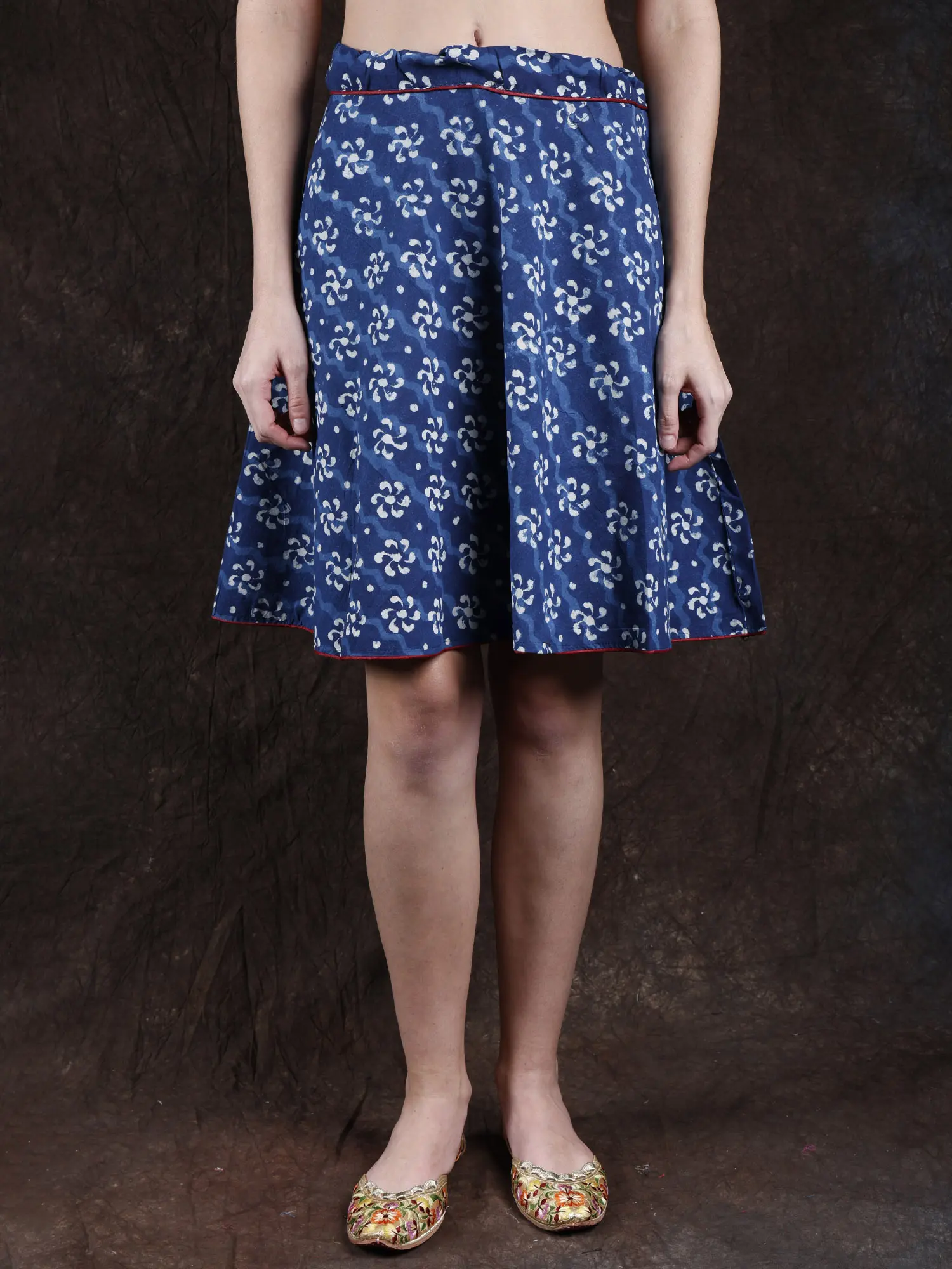 Estate-Blue Short Skirt with Bagdoo Block-Printed Flowers