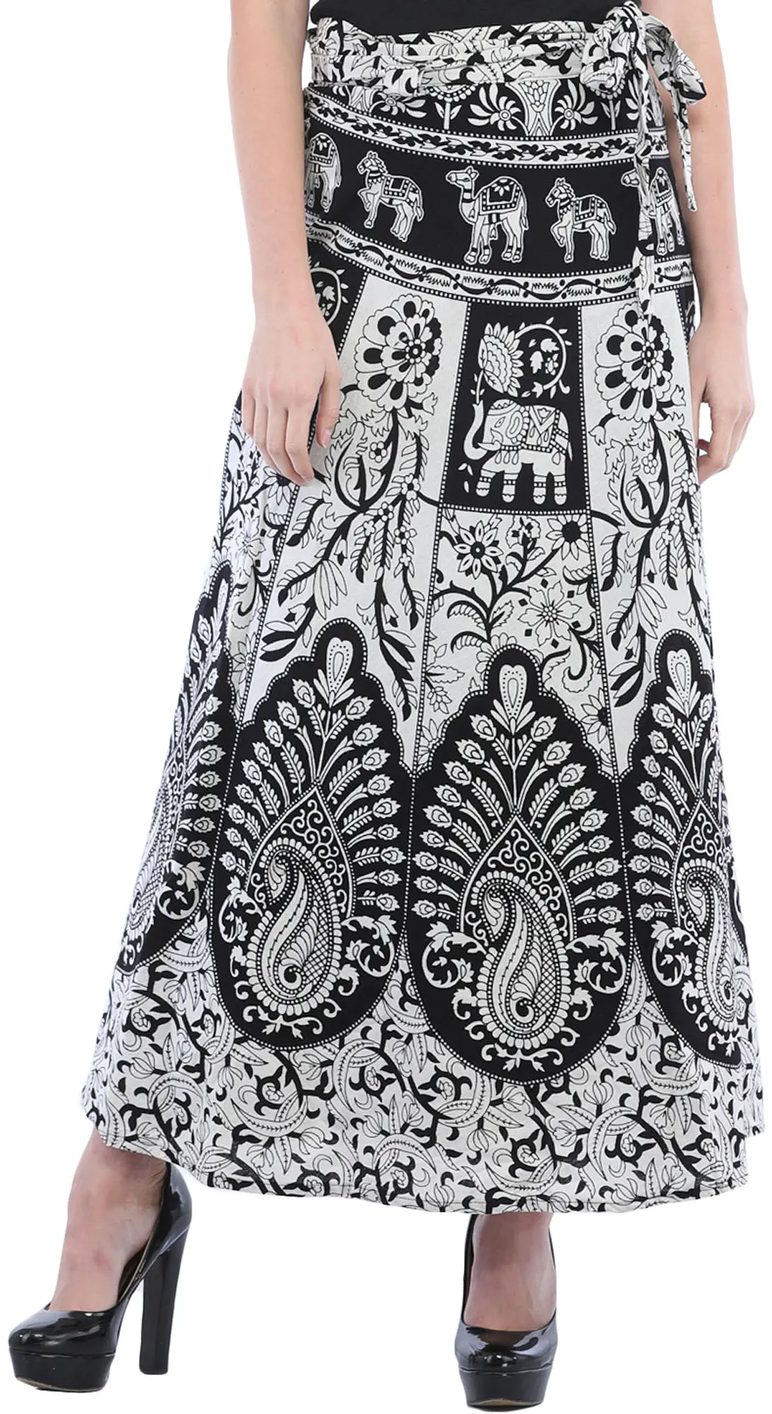 Black and White Wrap-Around Long Skirt from Pilkhuwa with Printed Paisleys and Animals