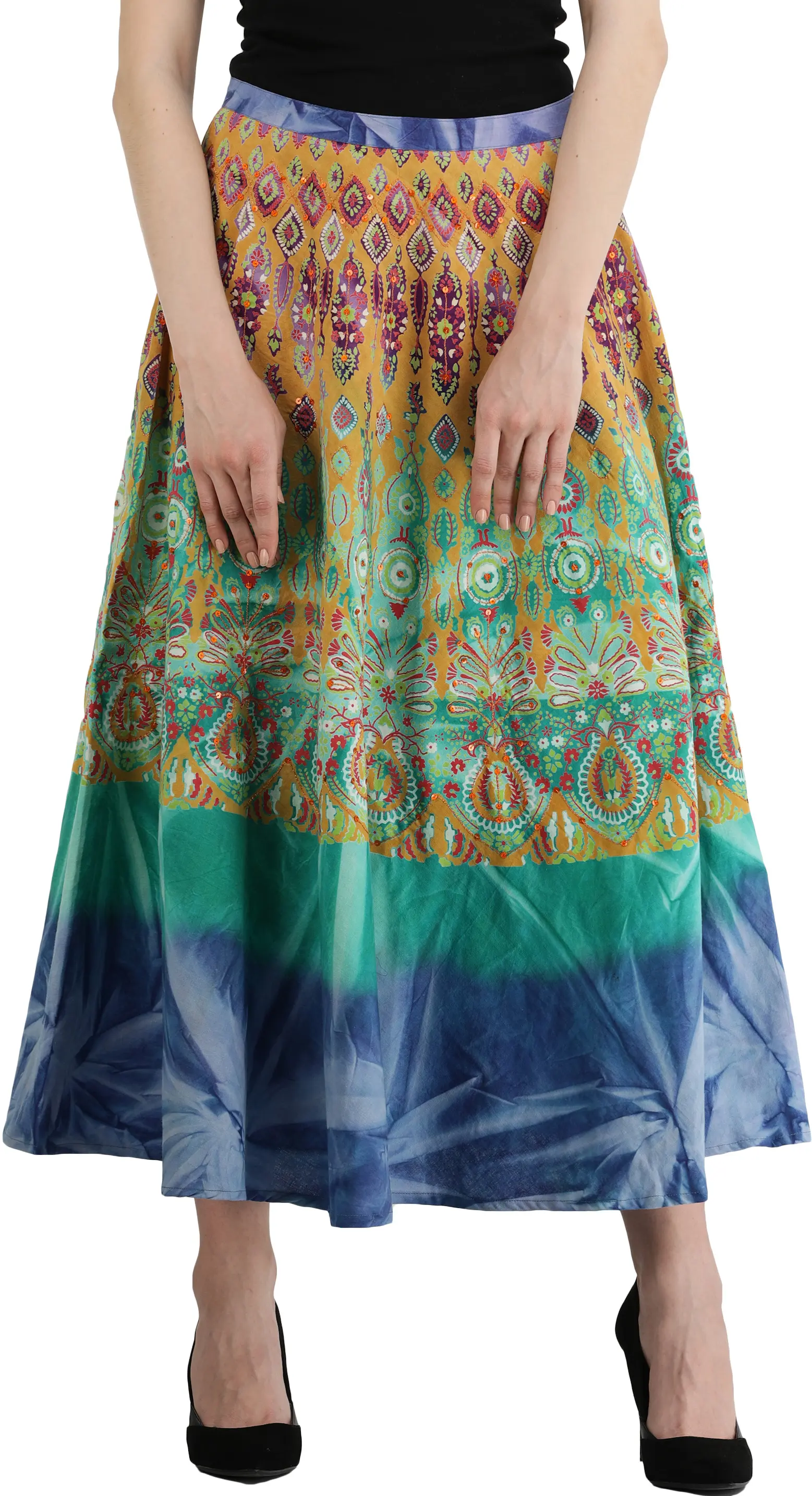 Peacock-Green Skirt with Printed Motifs and Embroidered Sequins