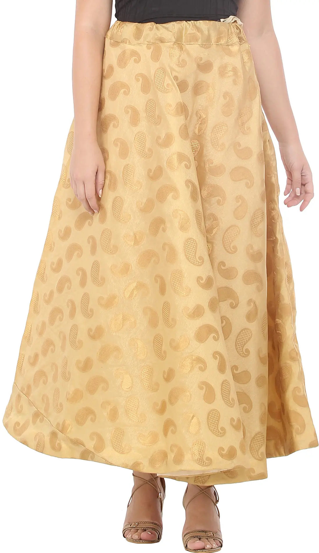 Moccasin Long Lehenga Skirt  from Gujarat with Zari Woven Golden Paisleys All-Over