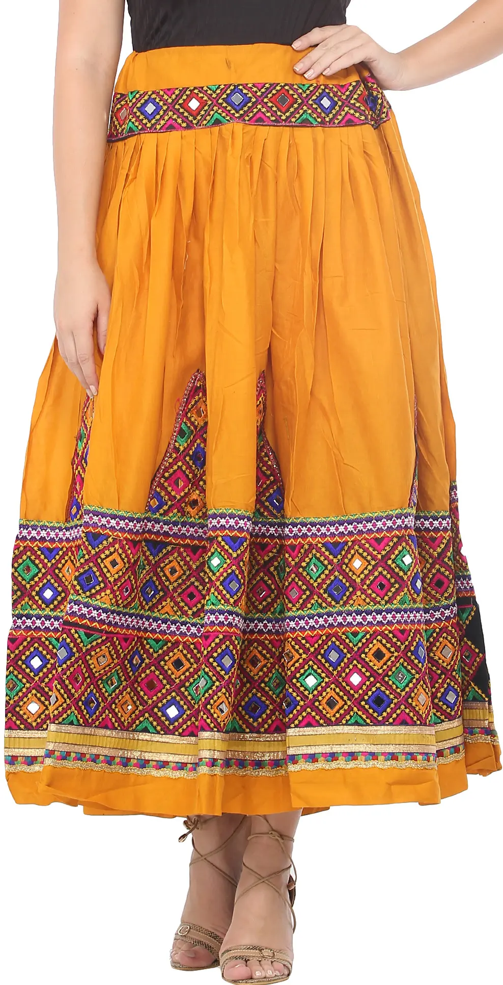 Ghagra Skirt from Kutch with Multicolor Thread Embroidered Patch Border and Mirrors