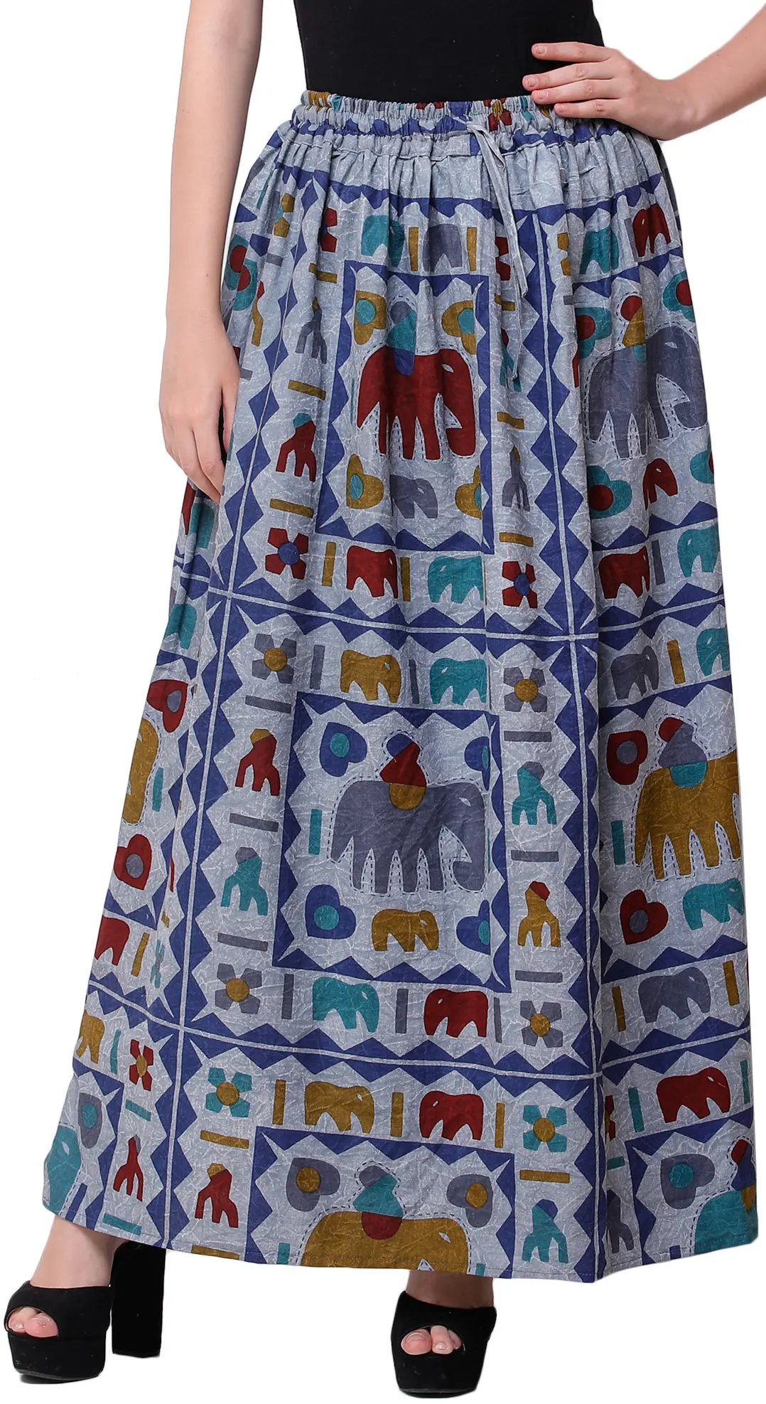 Stone-Washed Long Elastic Skirt with Printed Elephants