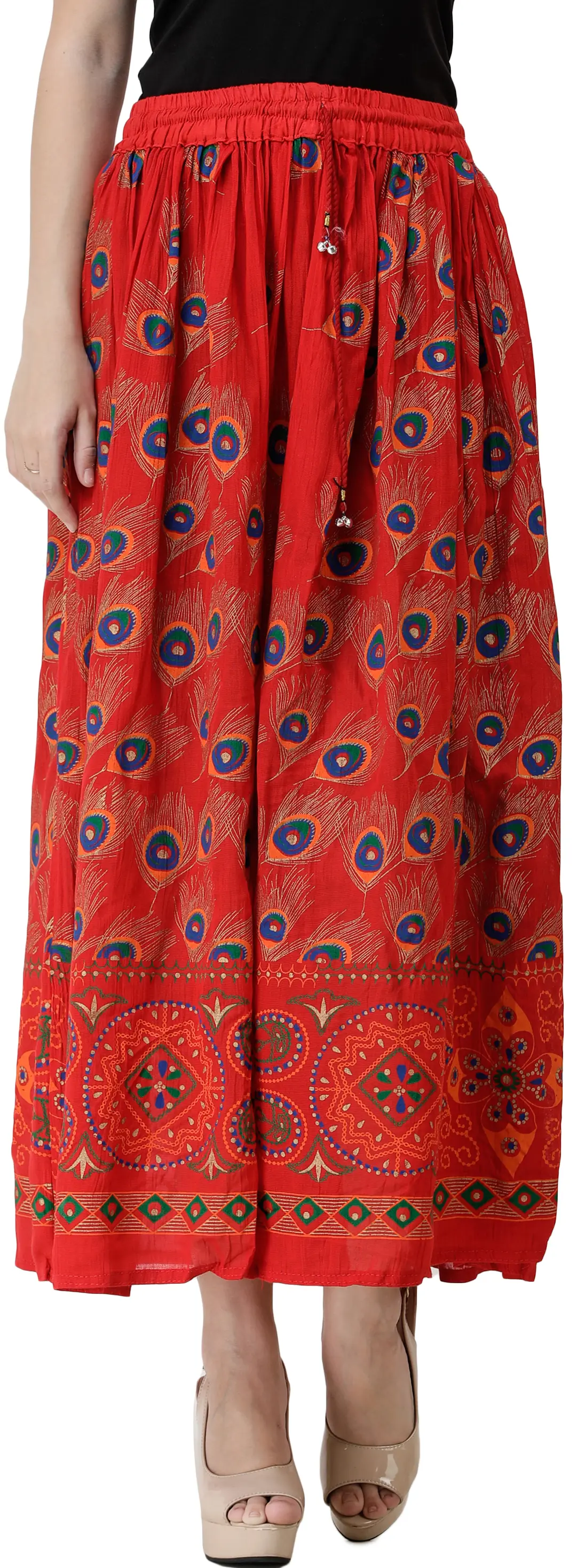 Long Skirt with Printed Peacock Feathers