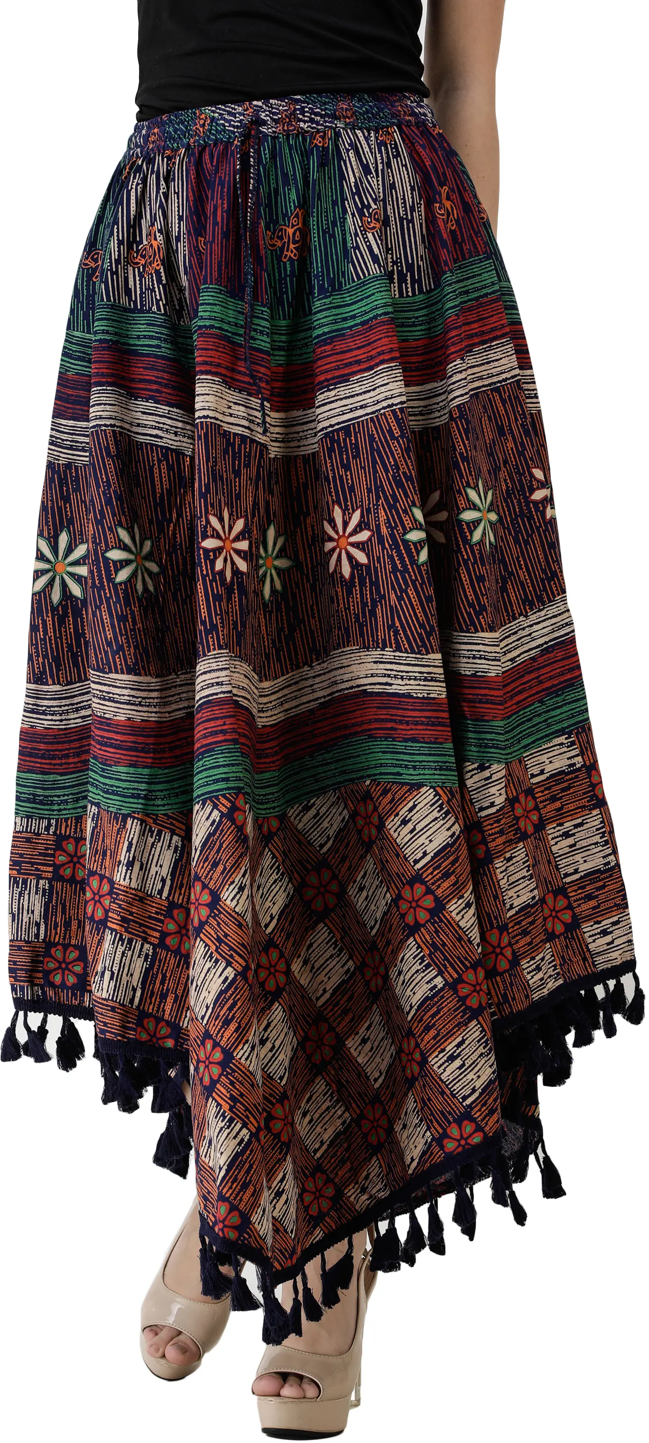 Printed Fish-Cut  Skirt with Tassels on Border