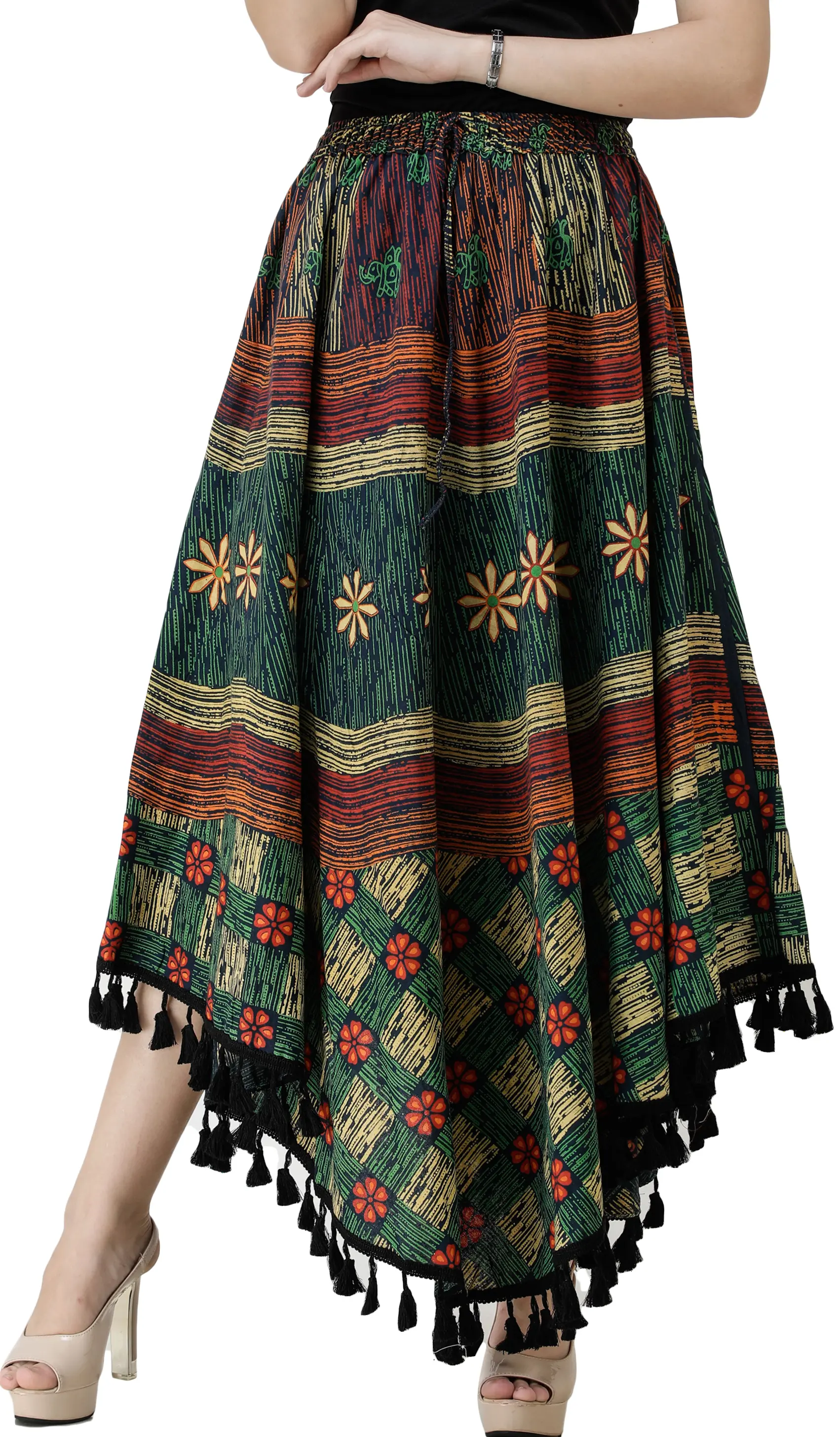 Printed Fish-Cut Skirt with Tassels on Border