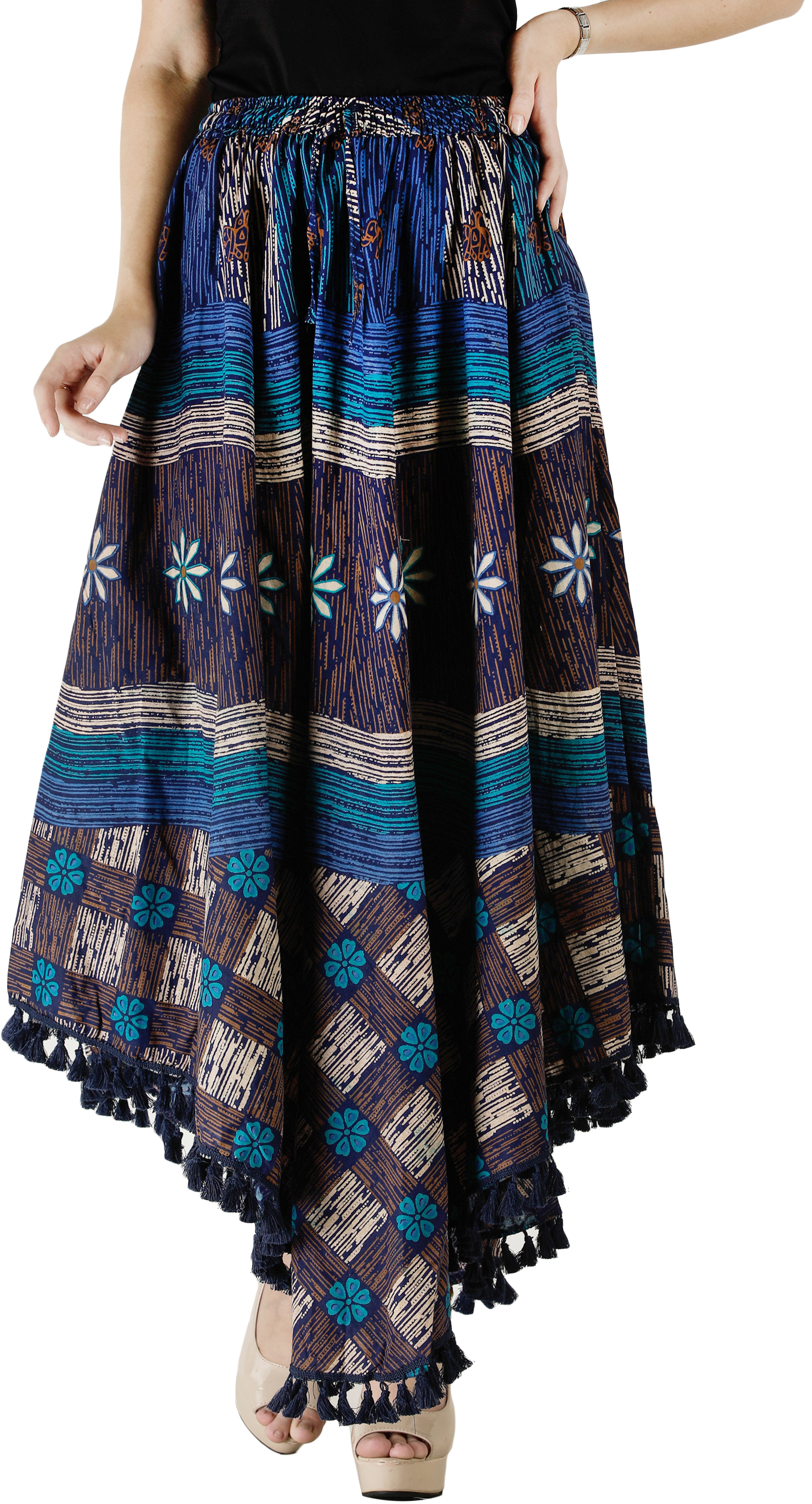 Printed Fish-Cut Skirt with Tassels on Border