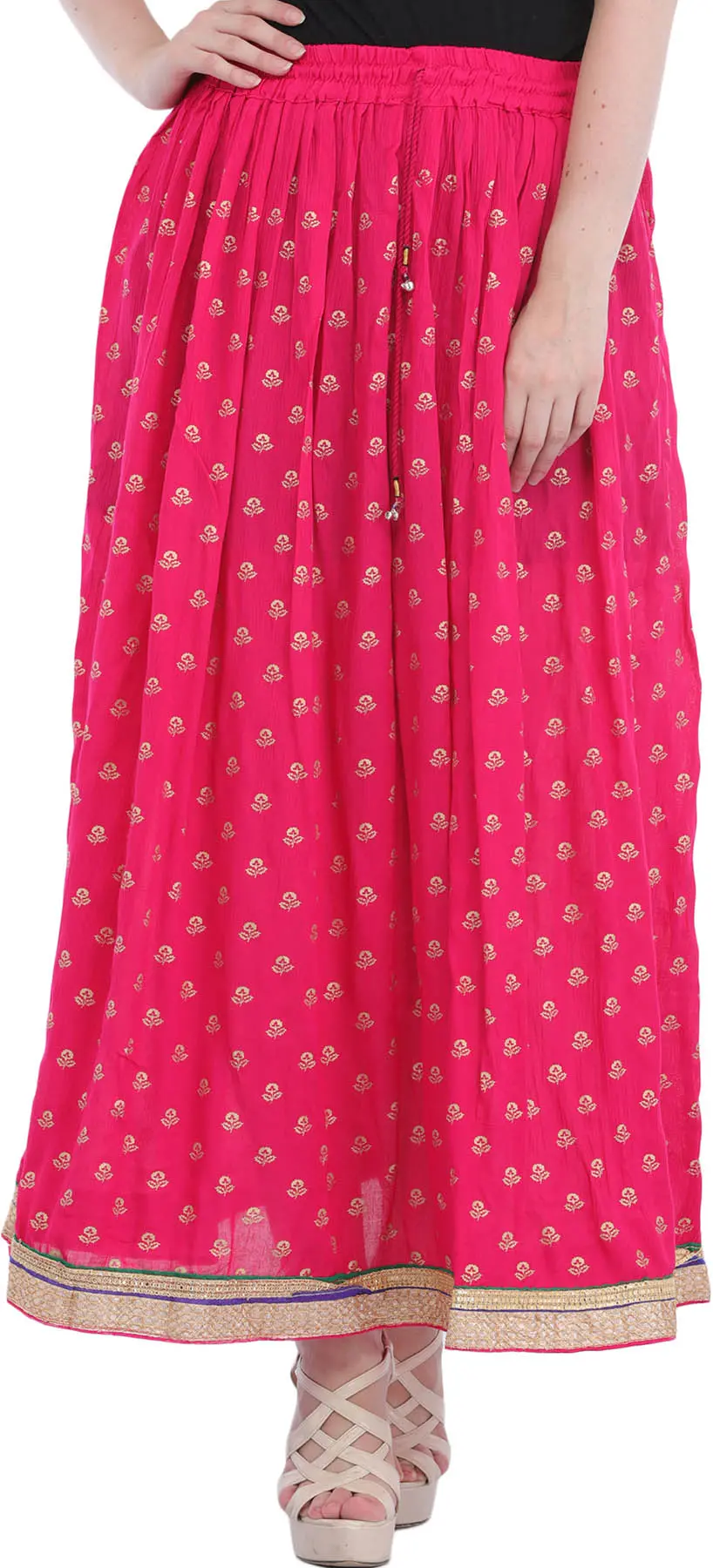Long Skirt with Printed Golden Bootis and Patch Border