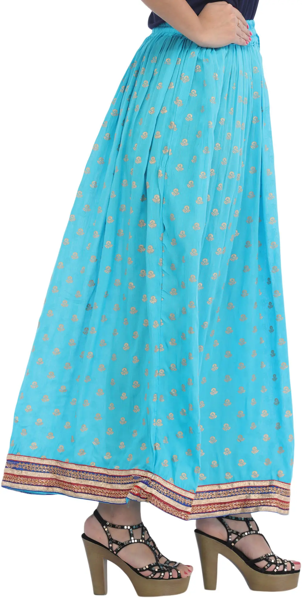 Long Skirt with Printed Golden Bootis and Patch Border, alternate view