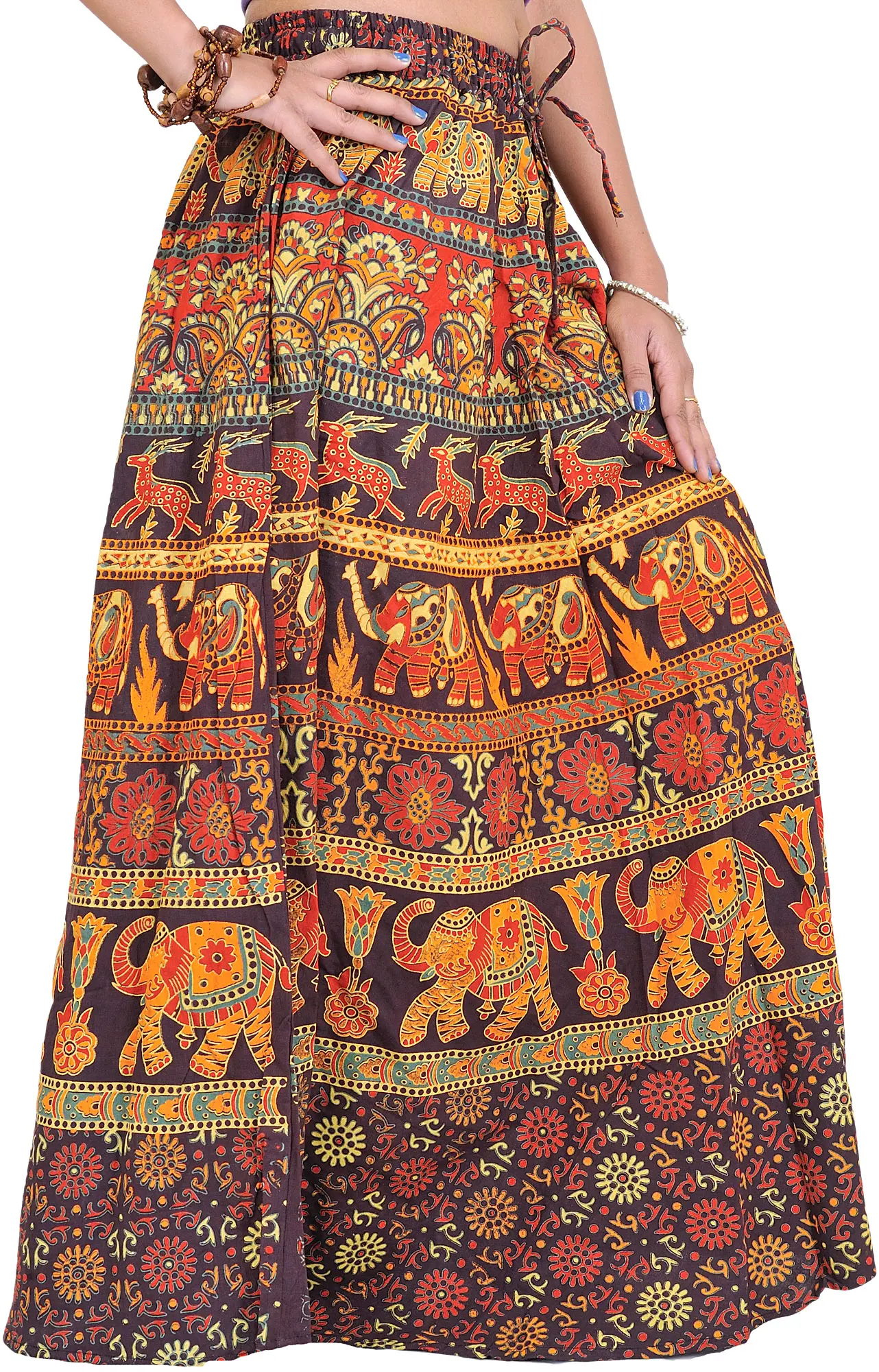 Long Sanganeri Printed Skirt with Elephants and Deers