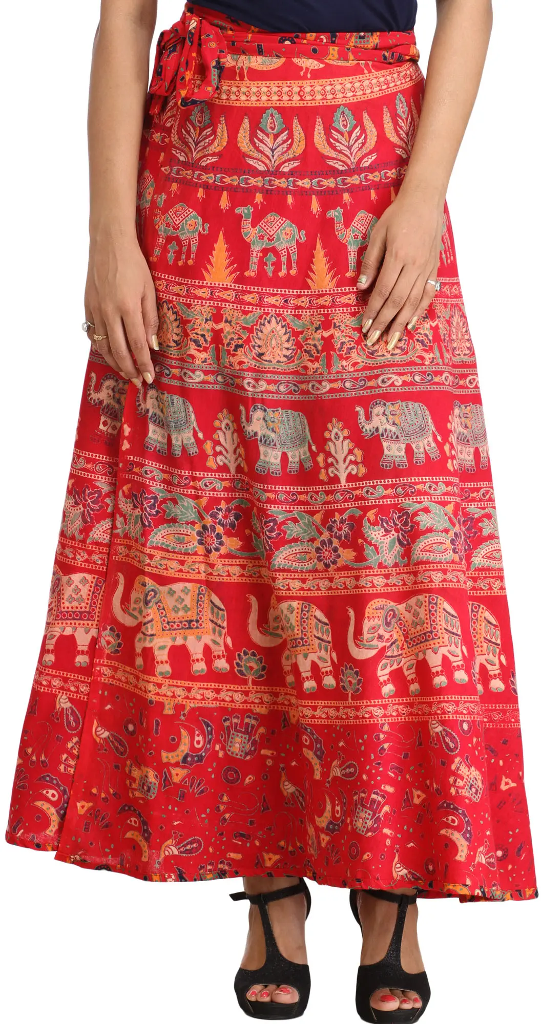 Wrap-On Long Skirt with Printed Elephants and Camels