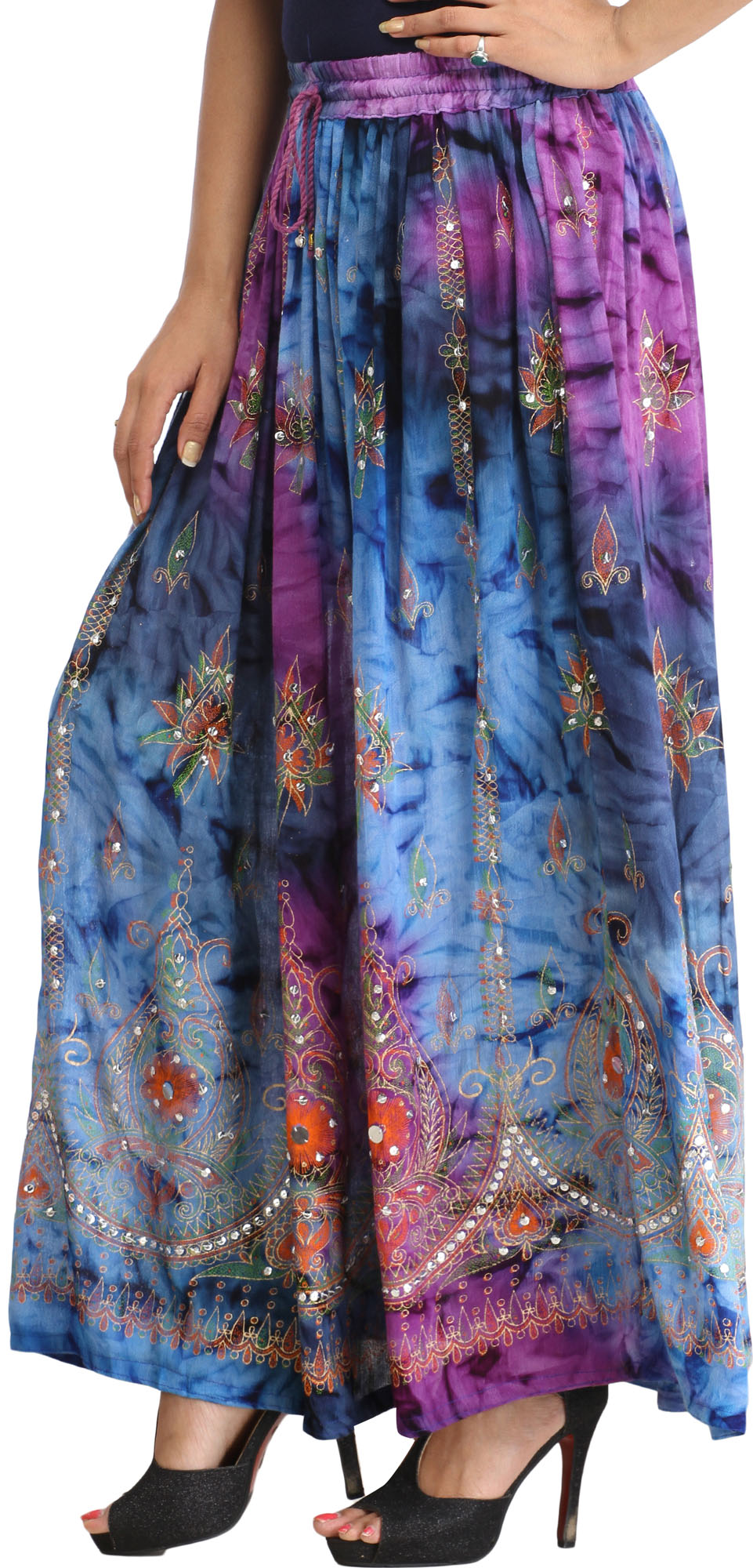 Multi-Color Long Skirt With Printed Paisleys and Sequins