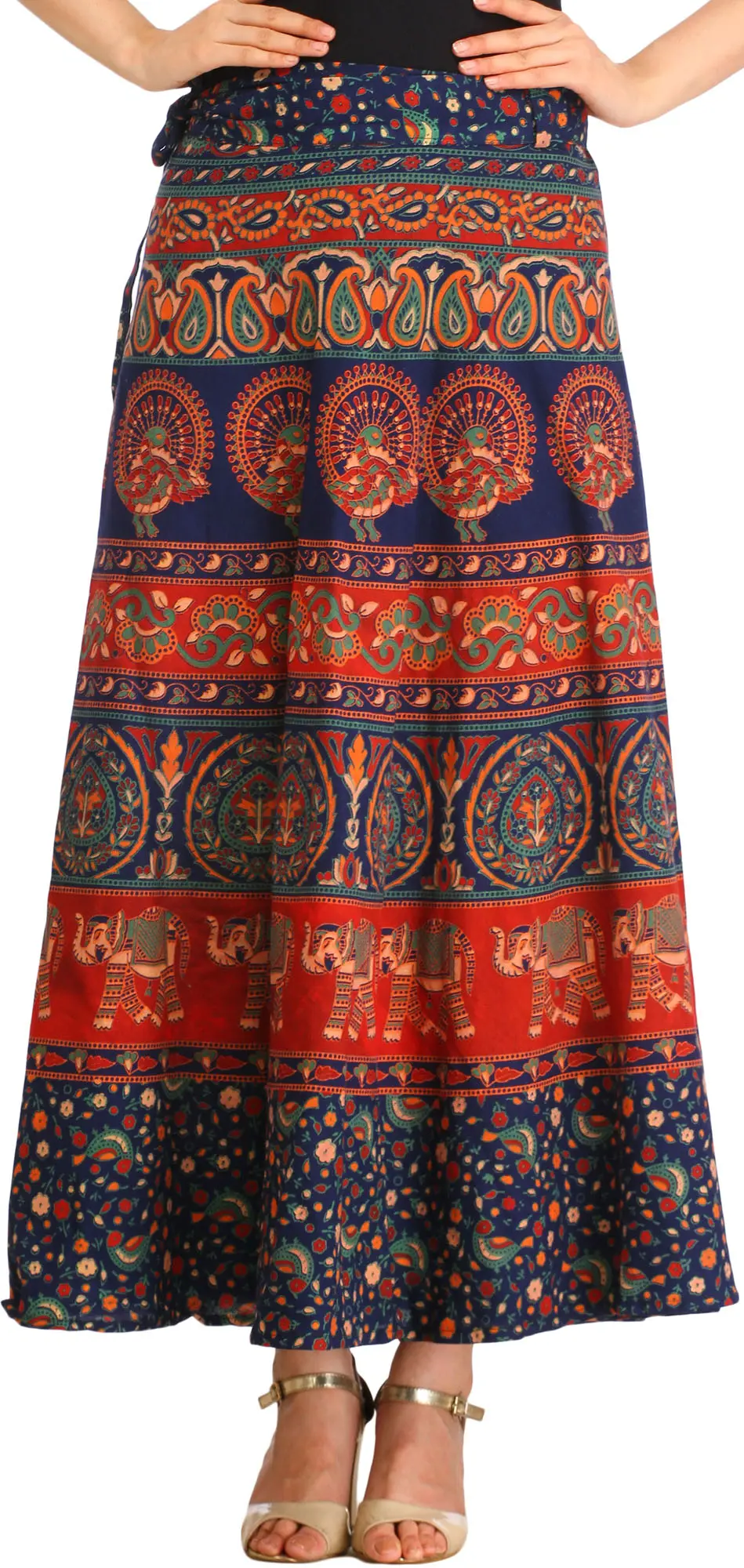 Sanganeri Wrap-Around Long Skirt with Printed Peacocks and Elephants