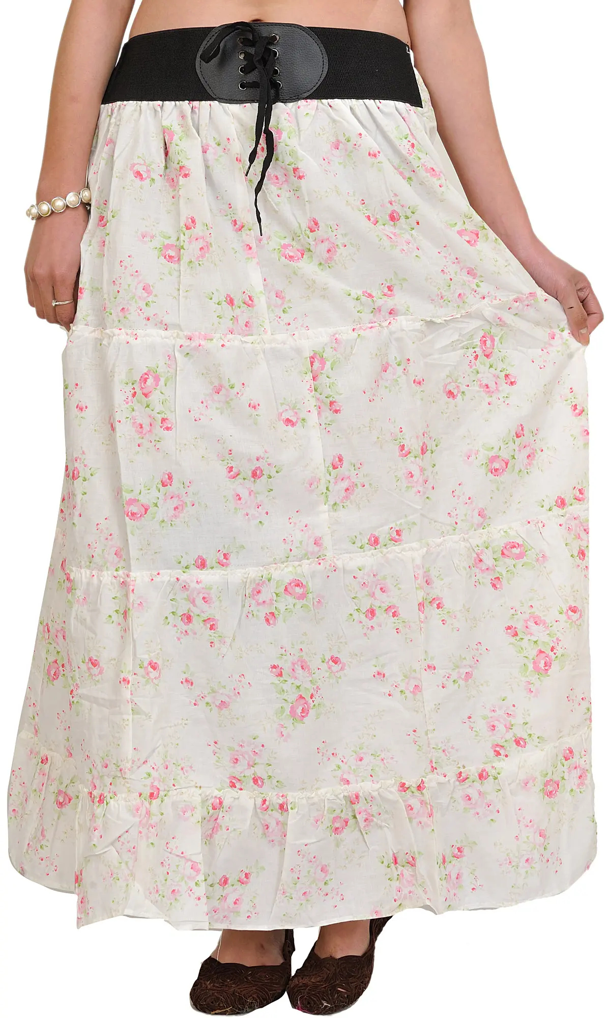 Long Skirt with Printed Roses and Elastic Waist