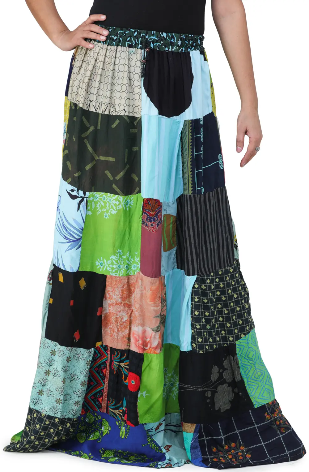 Printed Long Boho Skirt from Gujarat with Patch Work