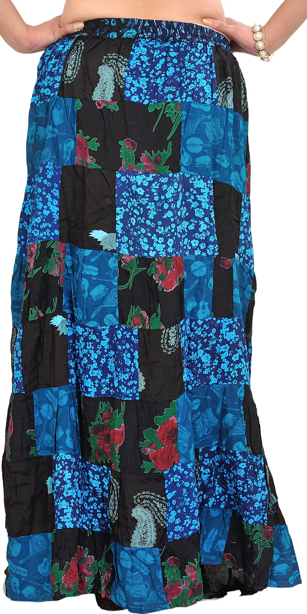 Printed Long Boho Wrap-On Long Skirt from Gujarat with Patch Work, alternate view