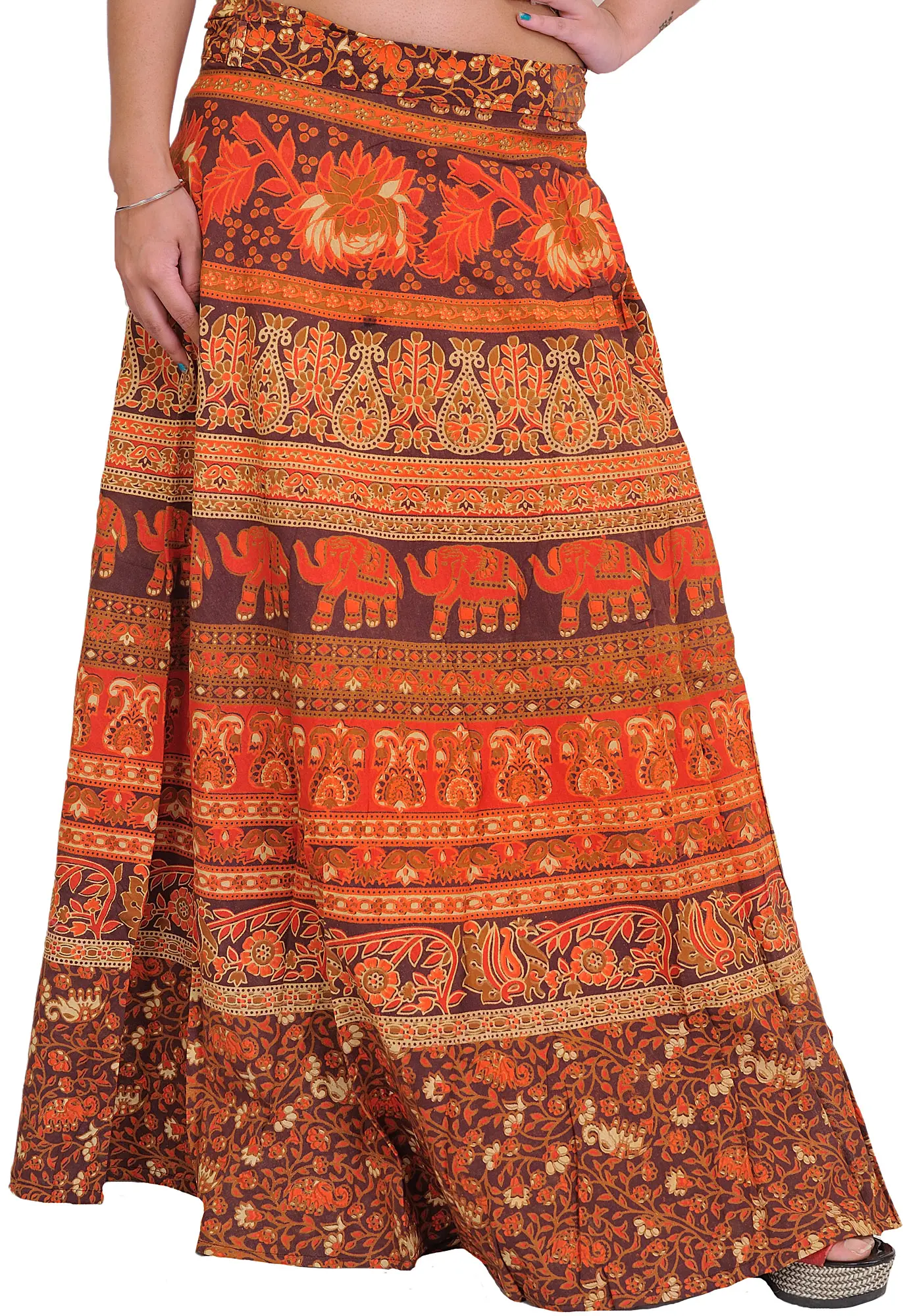 Wrap-Around Printed Skirt from Pilkhuwa with Floral Print and Elephants