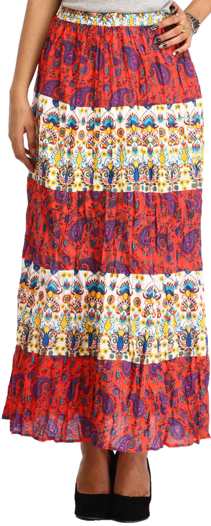 Red and White Long Printed Skirt with Paisleys