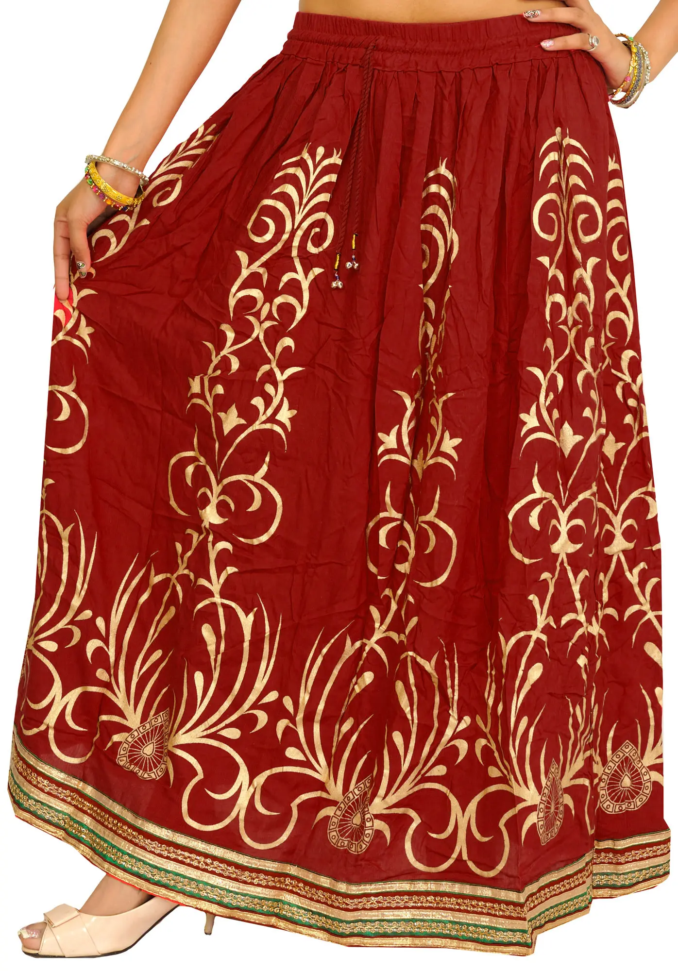Printed Long Skirt with Embellished Patch Border